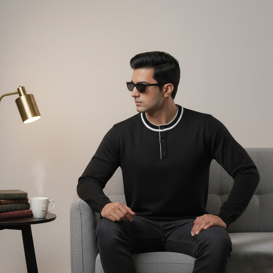 Henley Knit Sweater Black | NAVZA