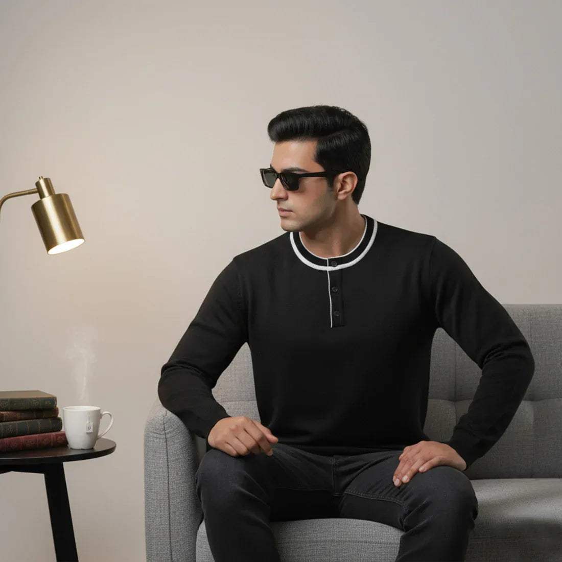 HENLEY KNIT SWEATER – BLACK - NAVZA