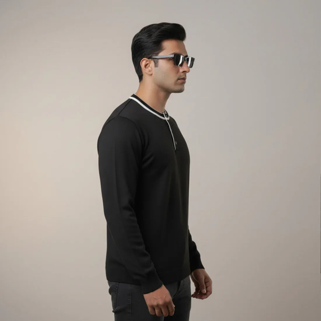 HENLEY KNIT SWEATER – BLACK - NAVZA