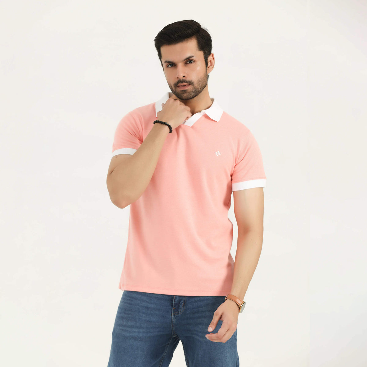 CONTRAST COLLAR POLO SHIRT CORAL