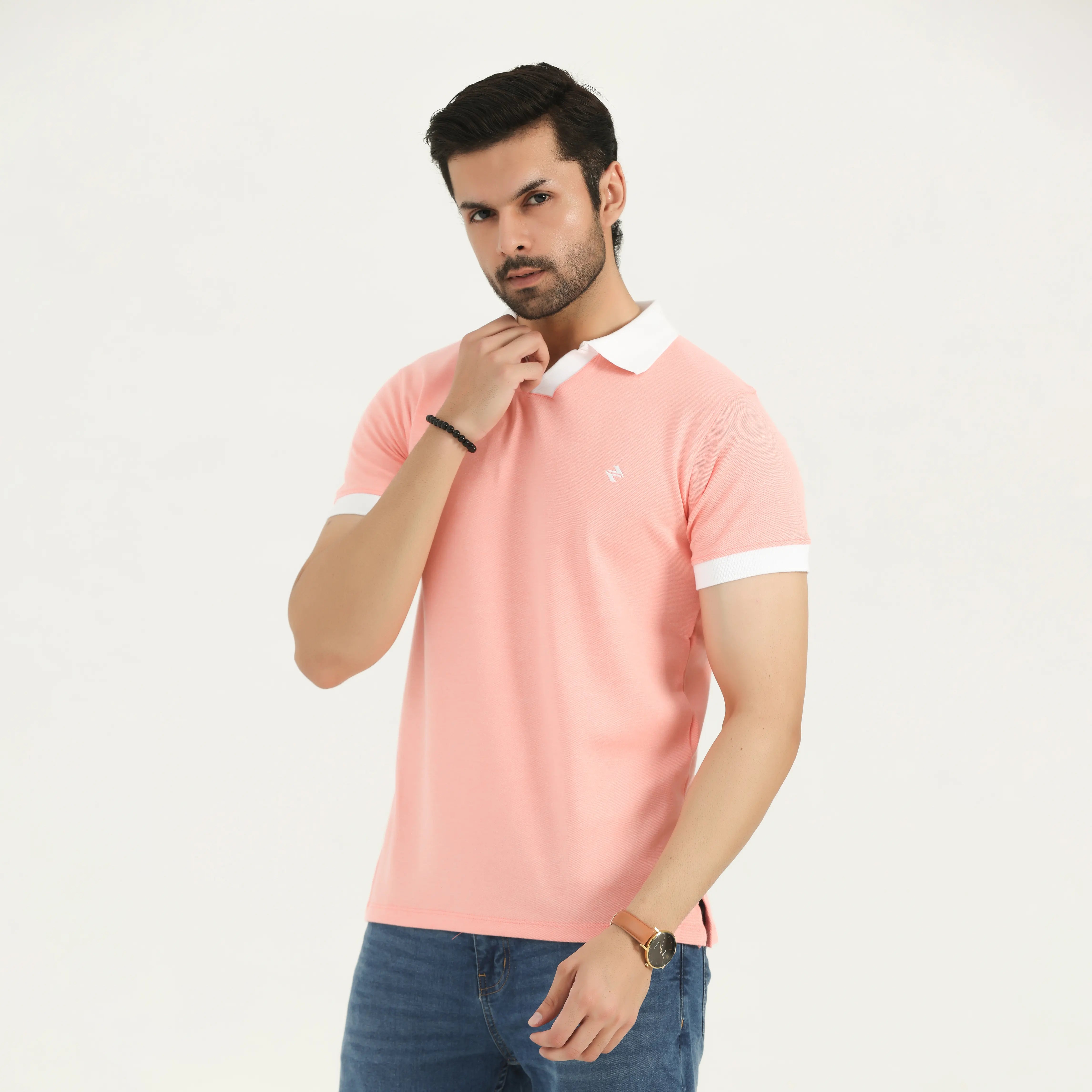 INTERLOCK CONTRAST COLLAR POLO SHIRT - CORAL