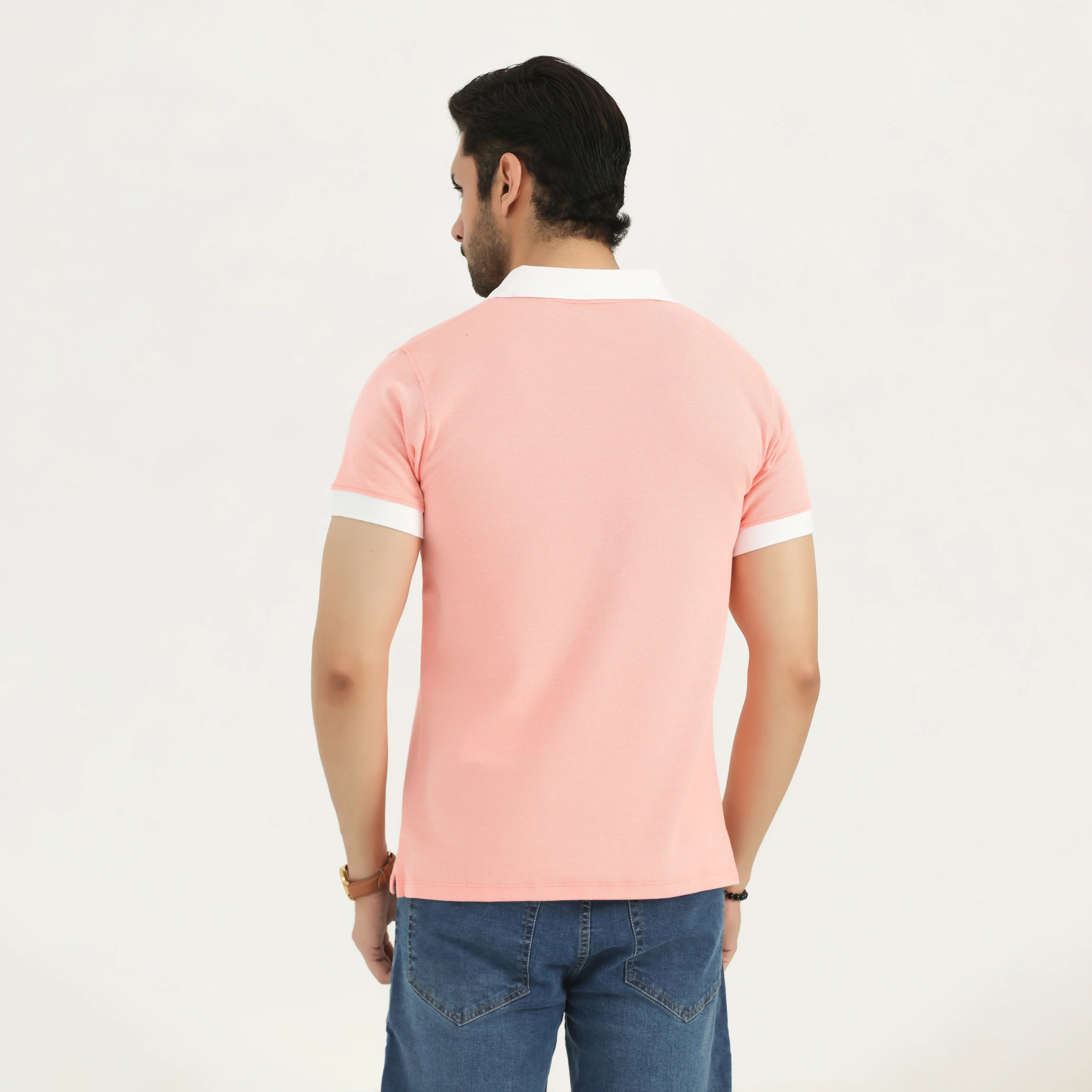 INTERLOCK CONTRAST COLLAR POLO SHIRT - CORAL