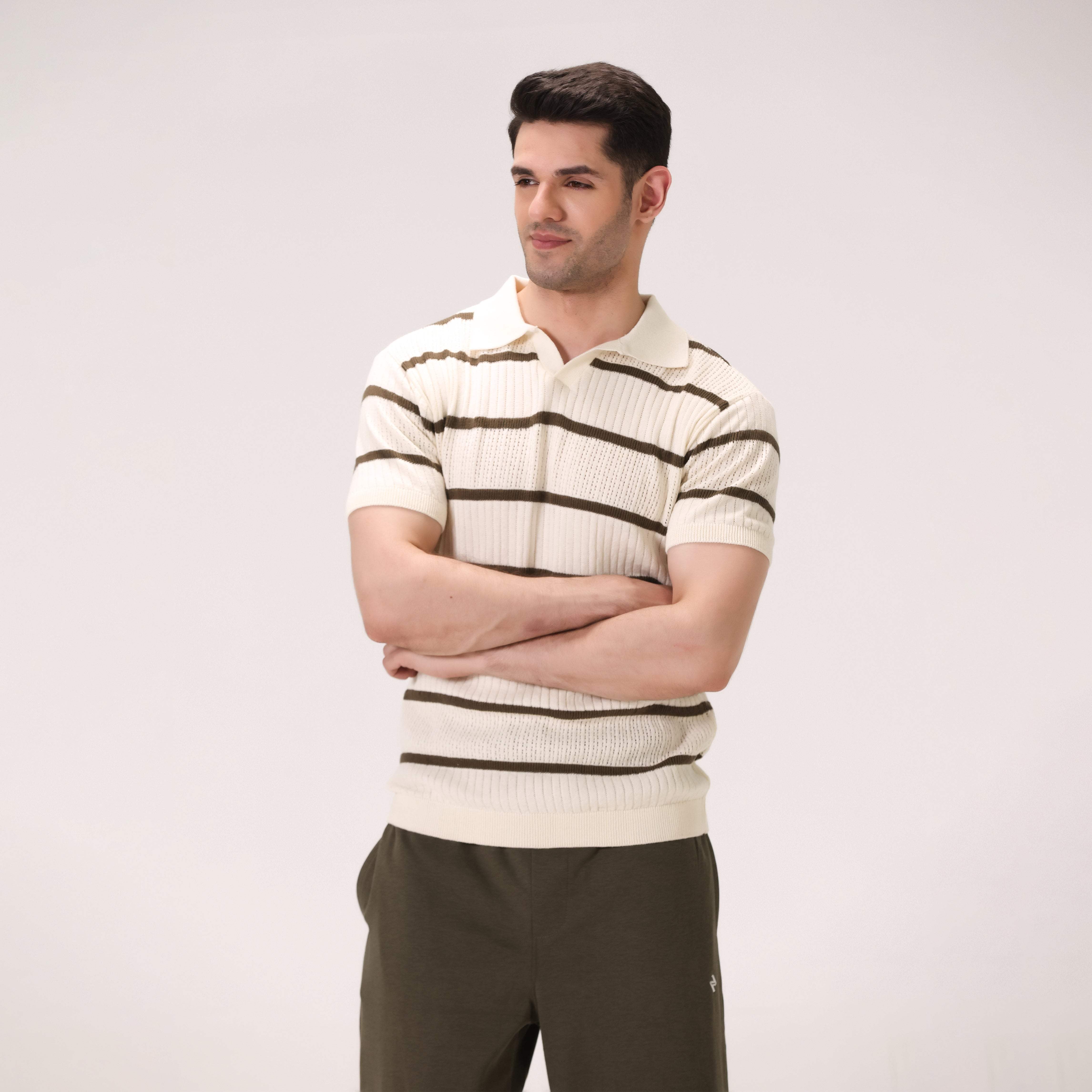 JACQUARD LINEAR STRIPE KNIT POLO – OFF-WHITE