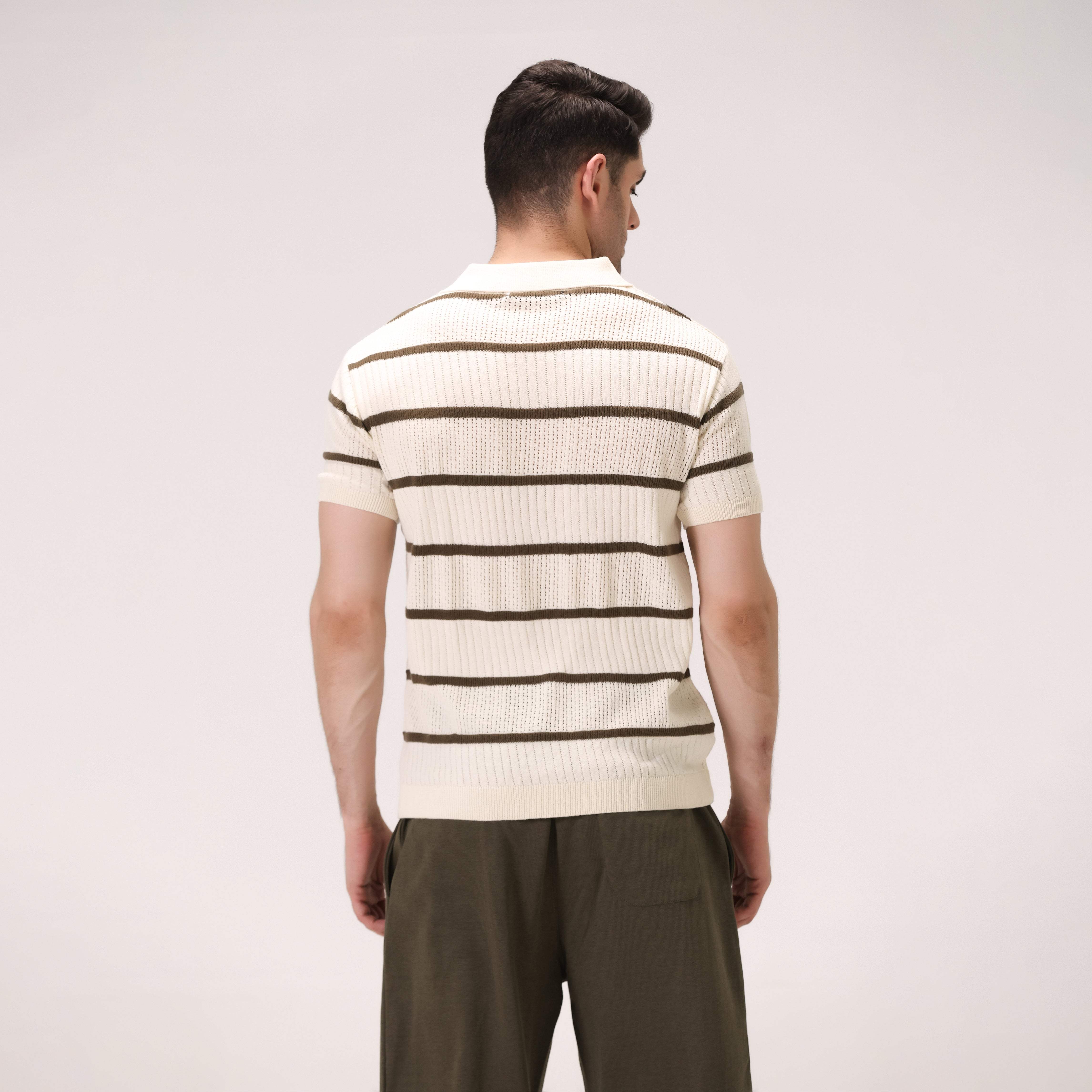 JACQUARD LINEAR STRIPE KNIT POLO – OFF-WHITE