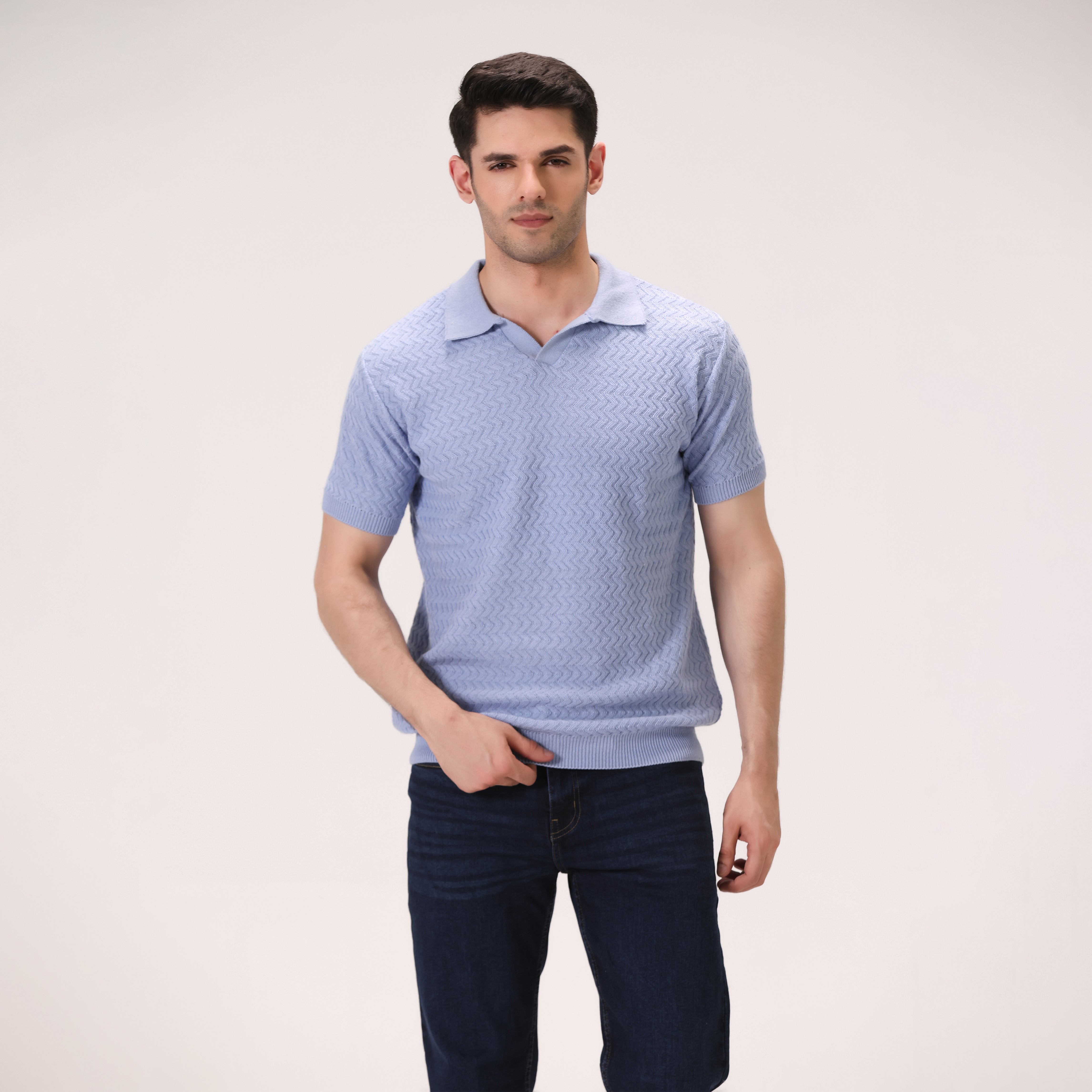 JACQUARD WAVE KNIT POLO – SKY BLUE