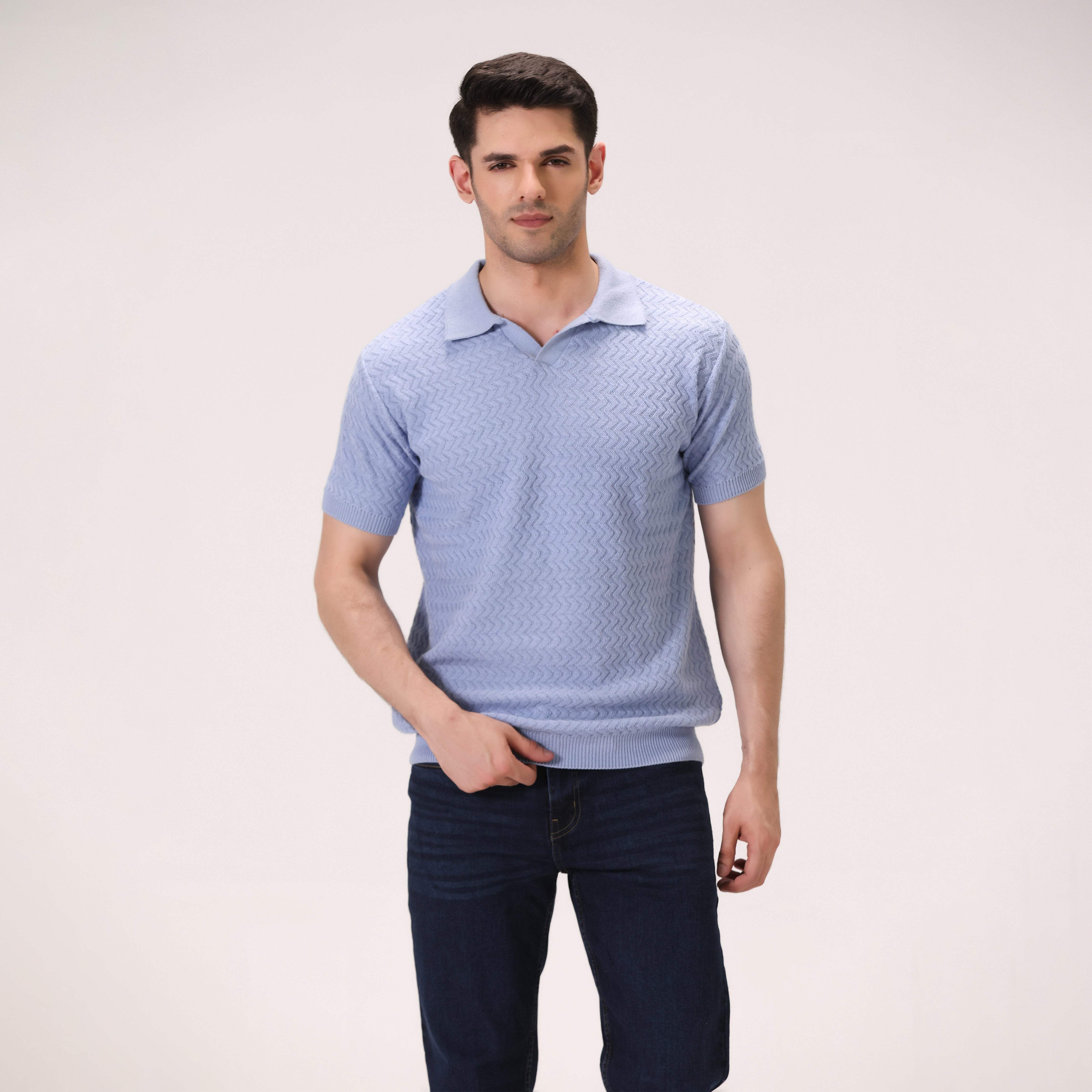 JACQUARD WAVE KNIT POLO – SKY BLUE