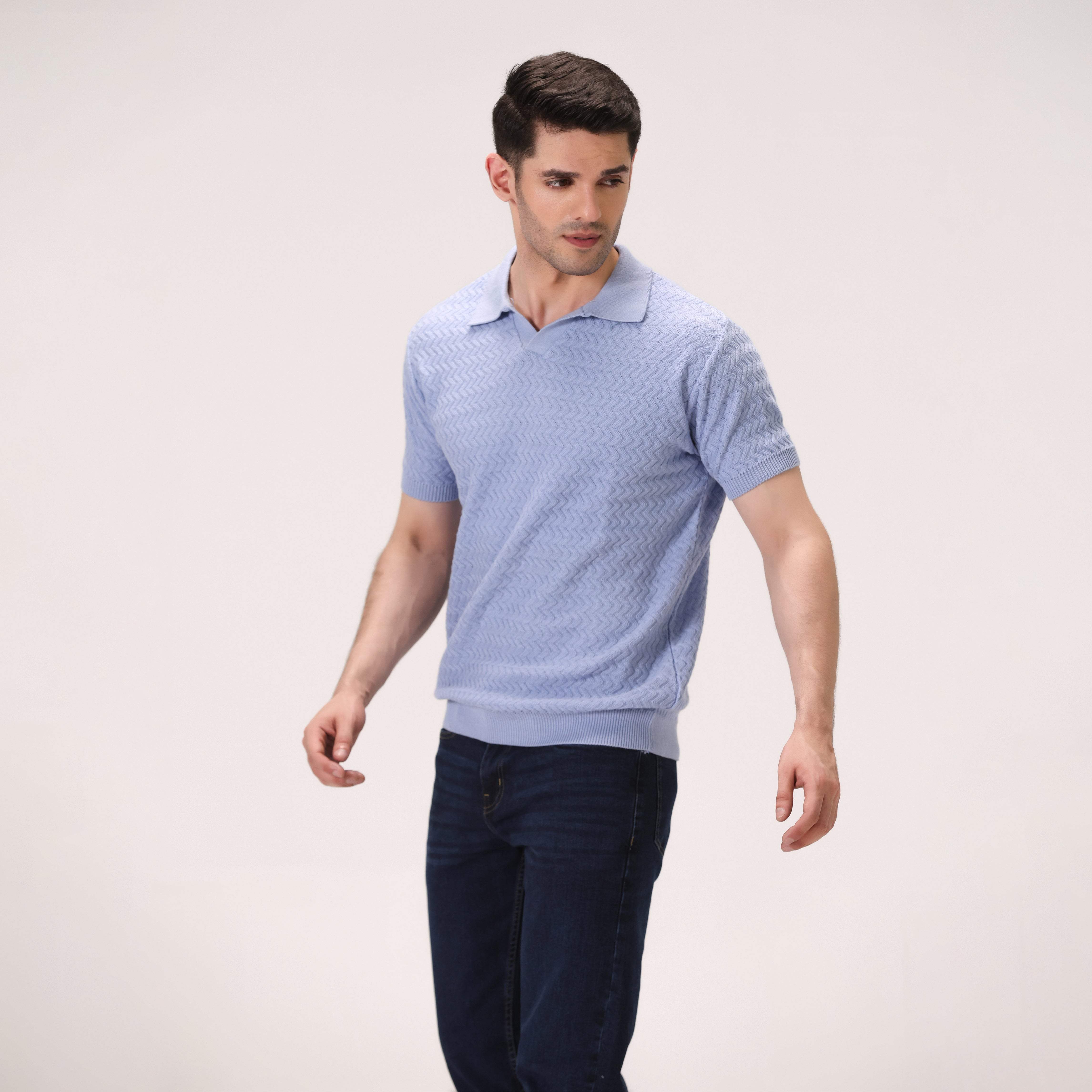 JACQUARD WAVE KNIT POLO – SKY BLUE
