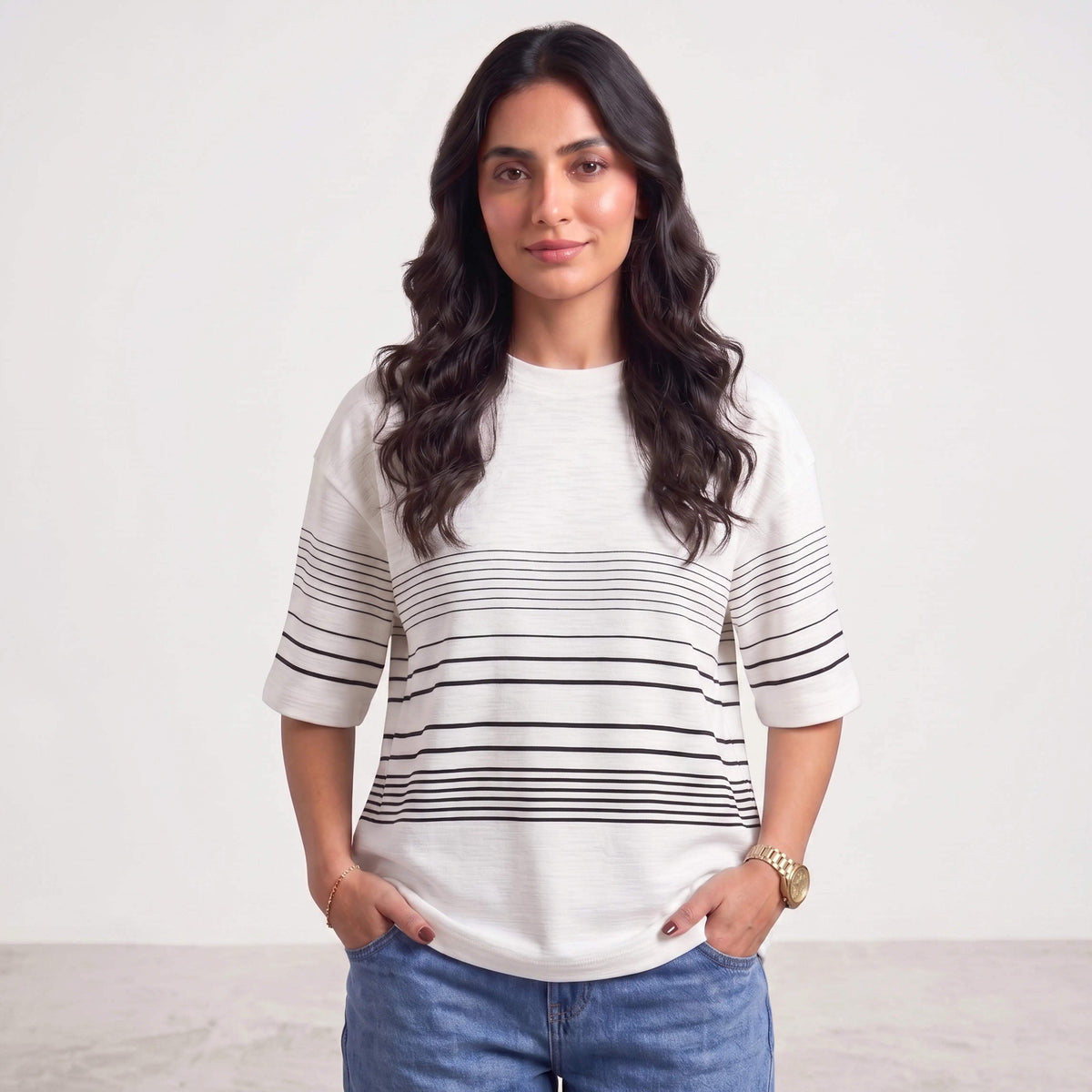 WOMEN STRIPED TEE WHITE WITH BLACK