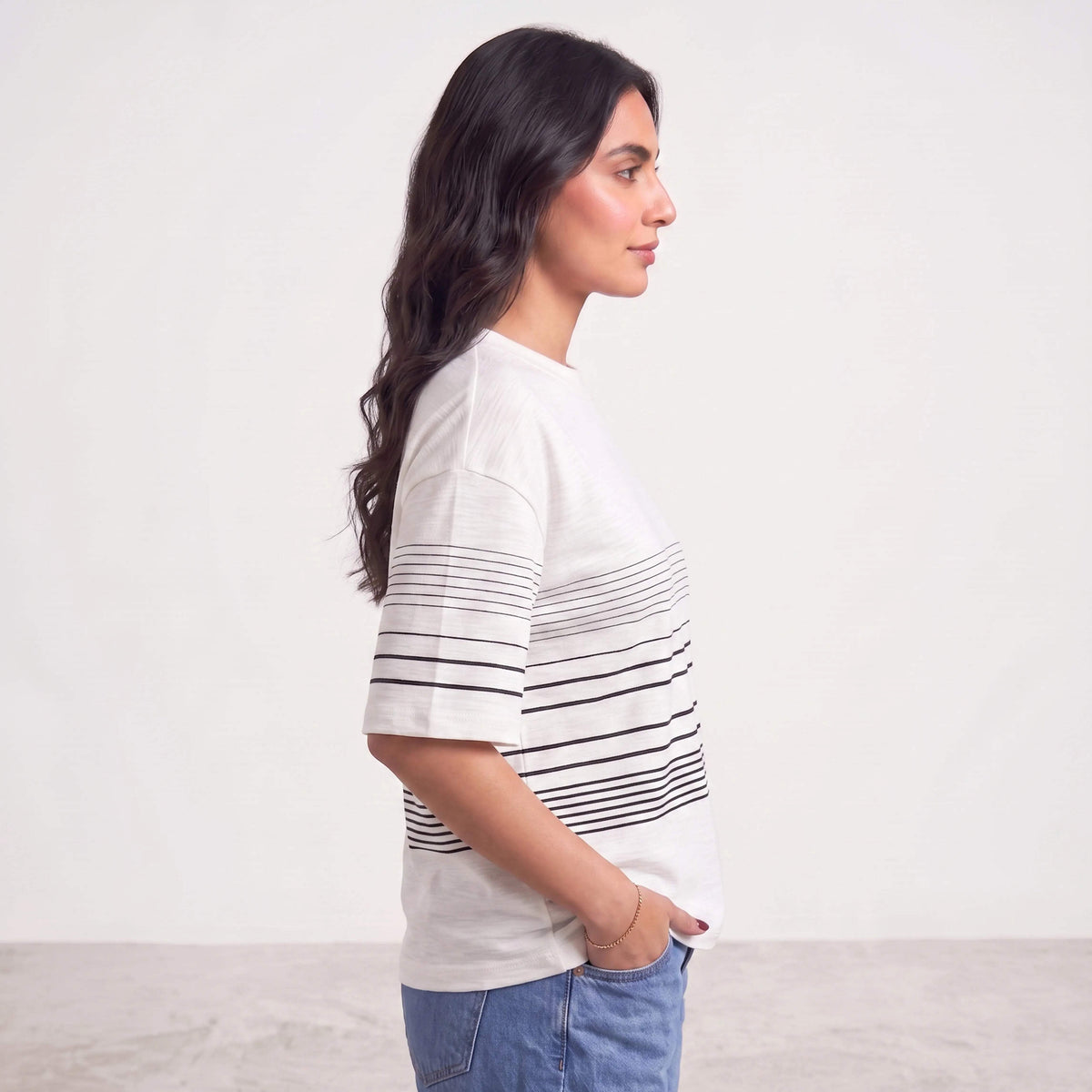 WOMEN STRIPED TEE WHITE WITH BLACK