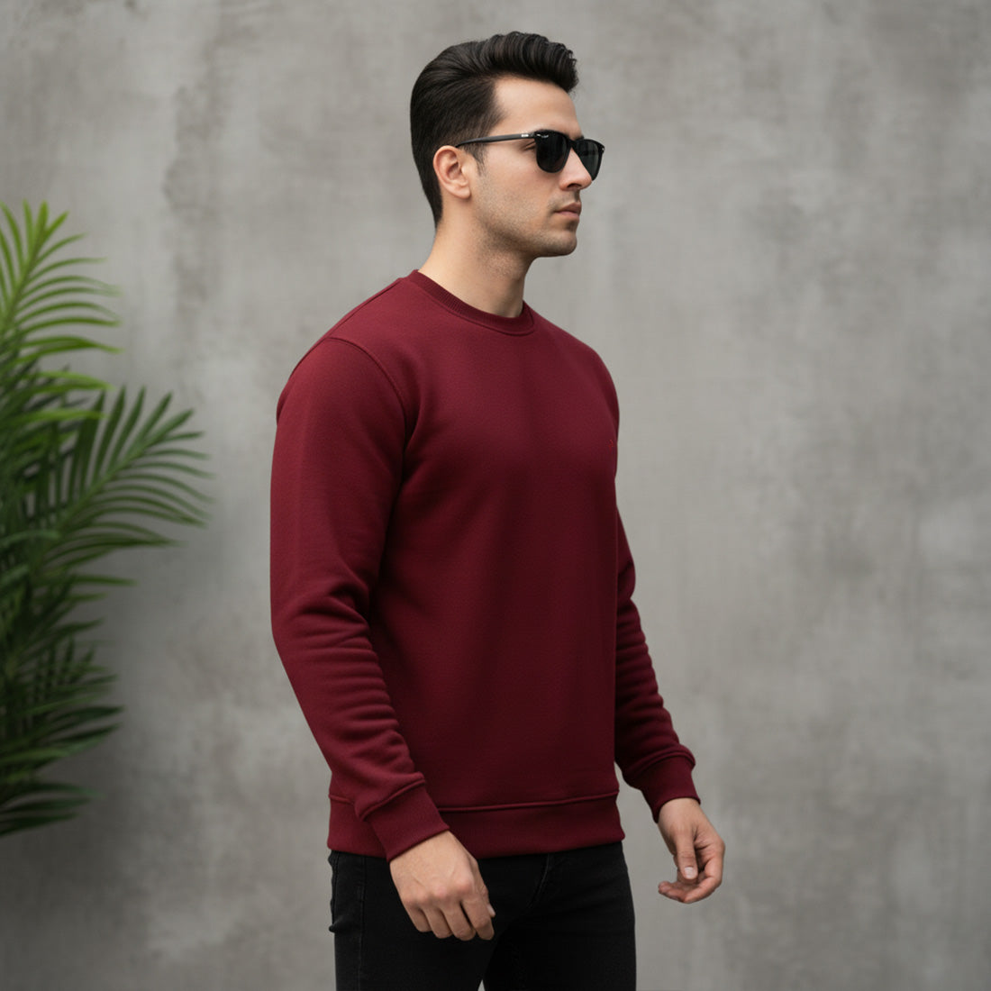 Male Model wearing a ML SWEATSHIRT BURGUNDY _ Side view