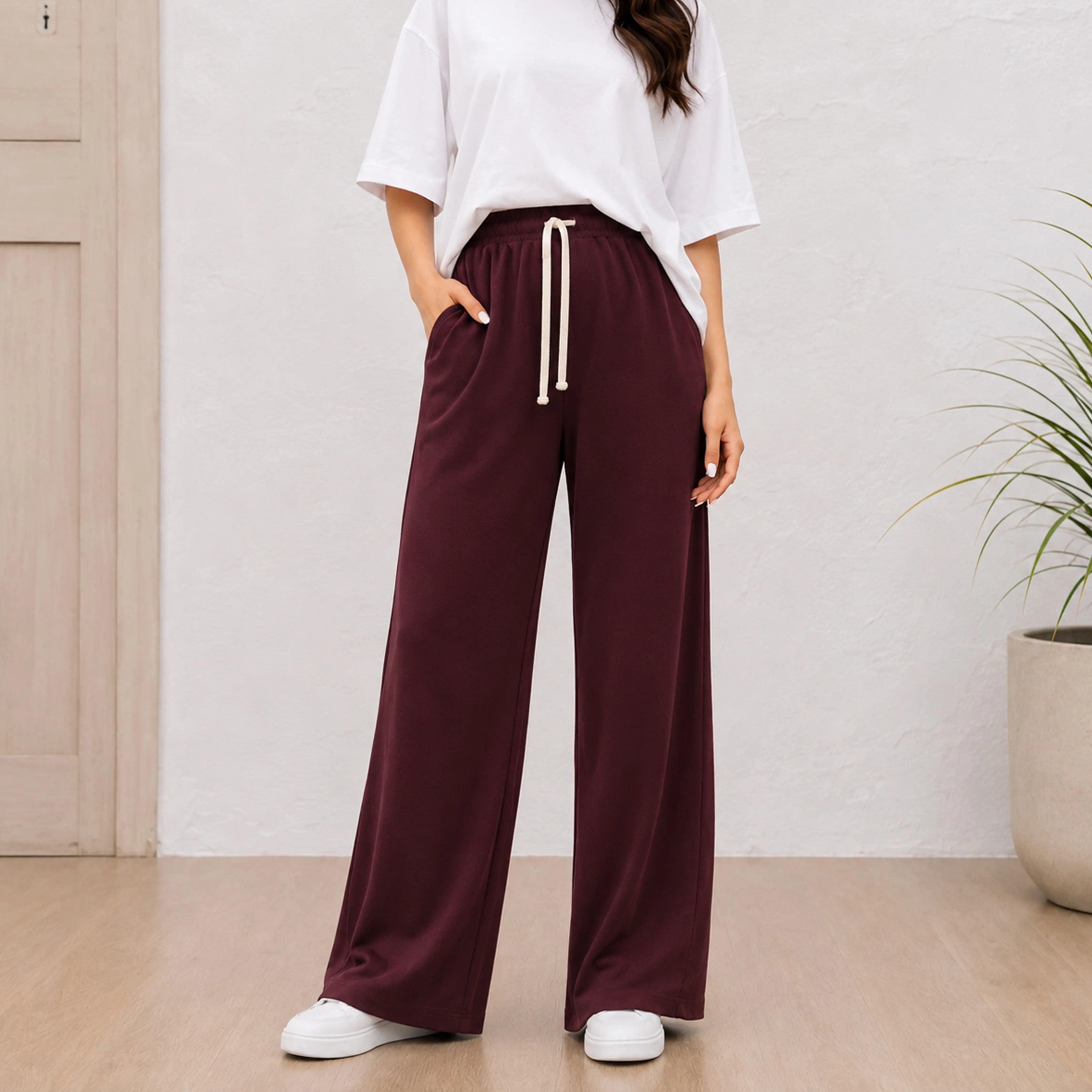 WOMEN INTERLOCK WIDE-LEG PANTS RICH BURGUNDY
