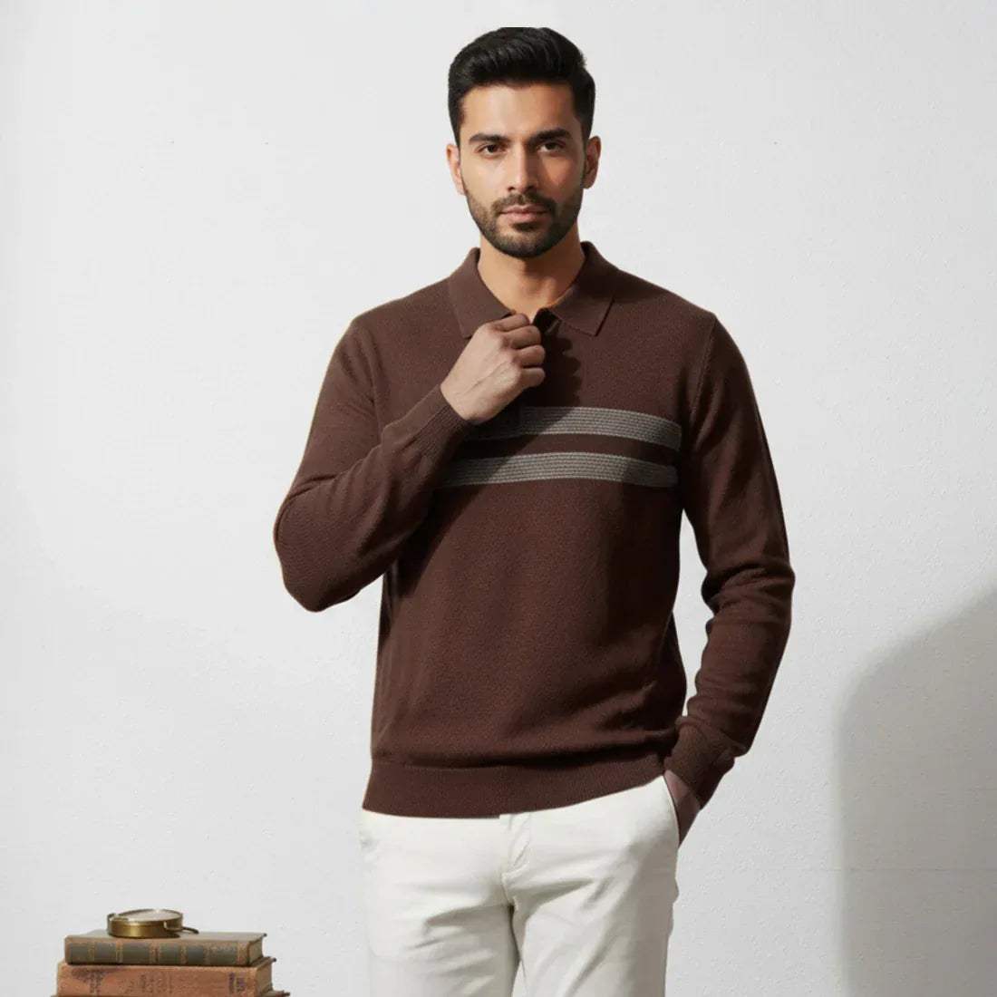 KNIT POLO SWEATER – CHOCOLATE BROWN - NAVZA