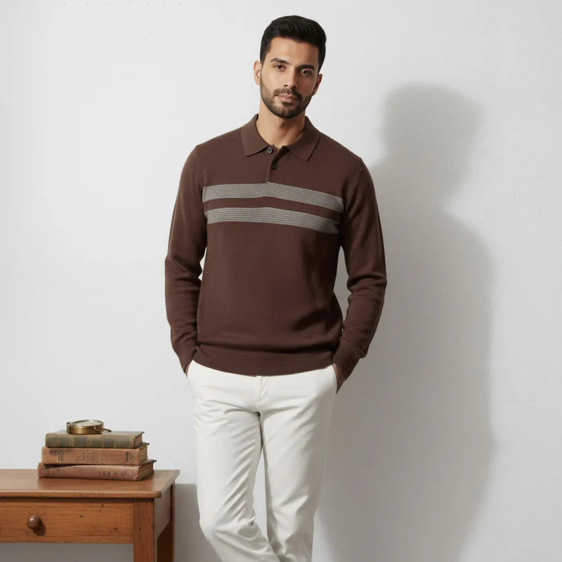 KNIT POLO SWEATER – CHOCOLATE BROWN - NAVZA