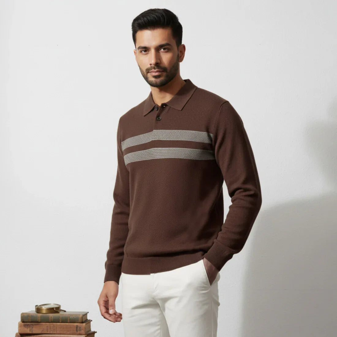KNIT POLO SWEATER – CHOCOLATE BROWN - NAVZA