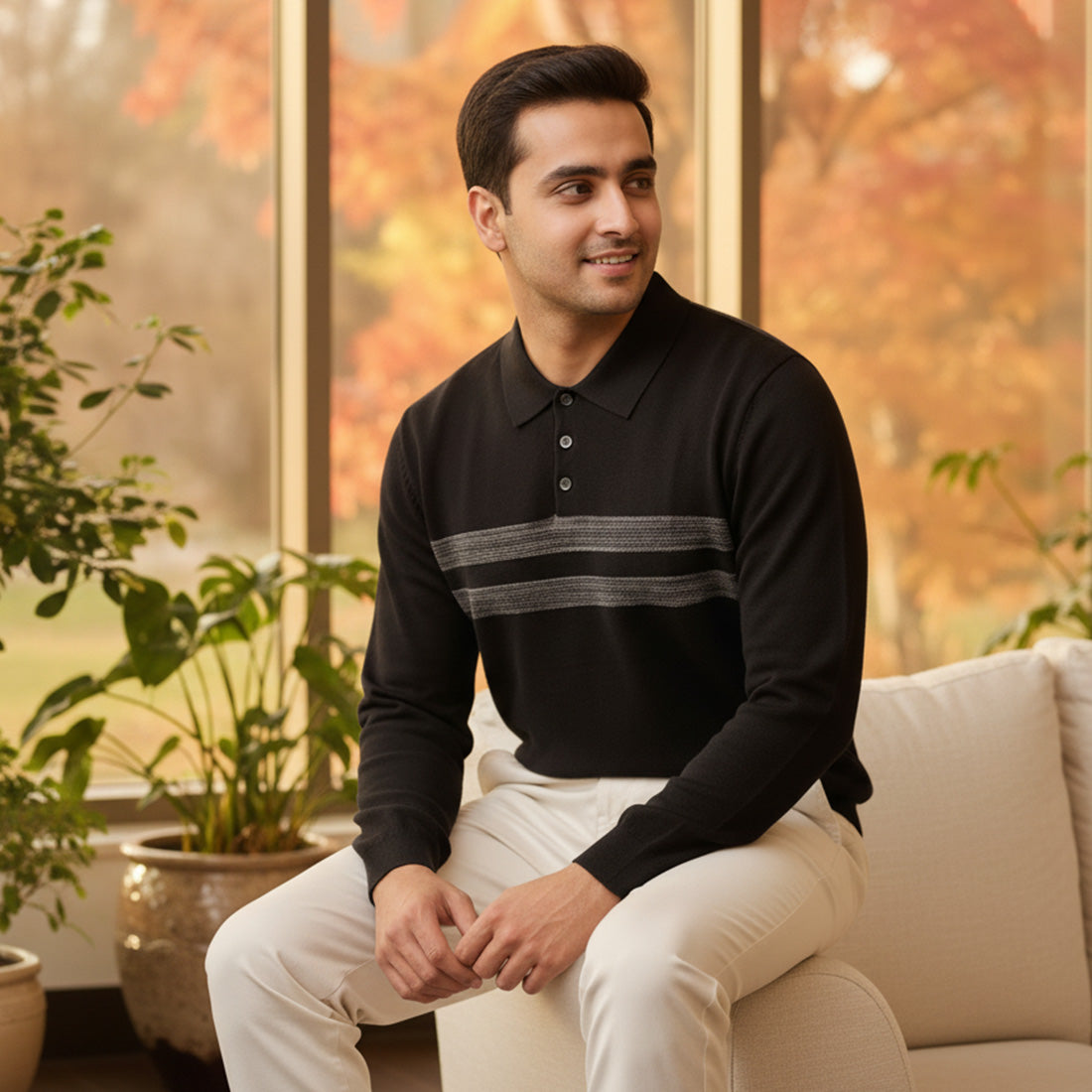 KNIT POLO SWEATER – BLACK