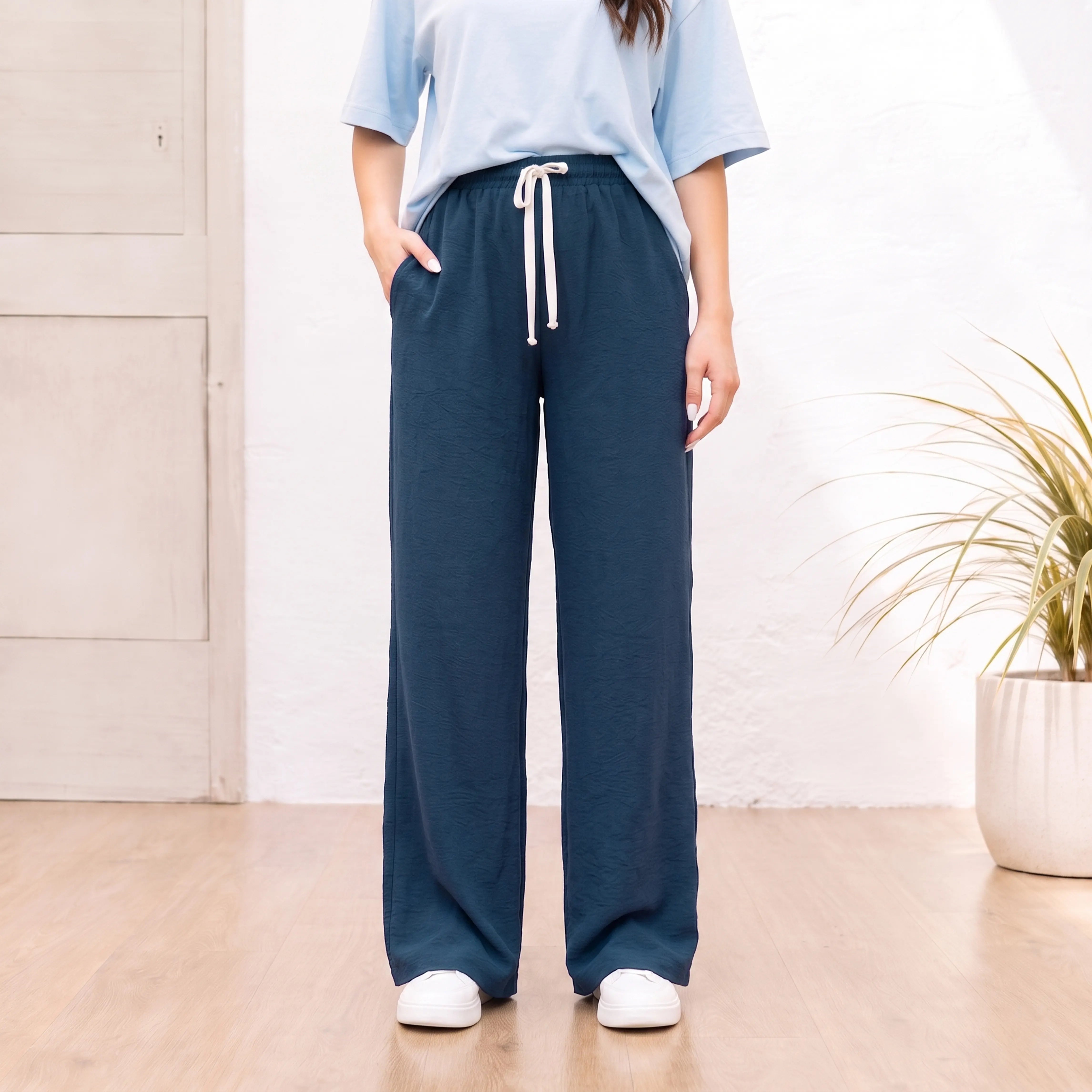 WOMEN JACQUARD WIDE-LEG PANTS CLASSIC NAVY