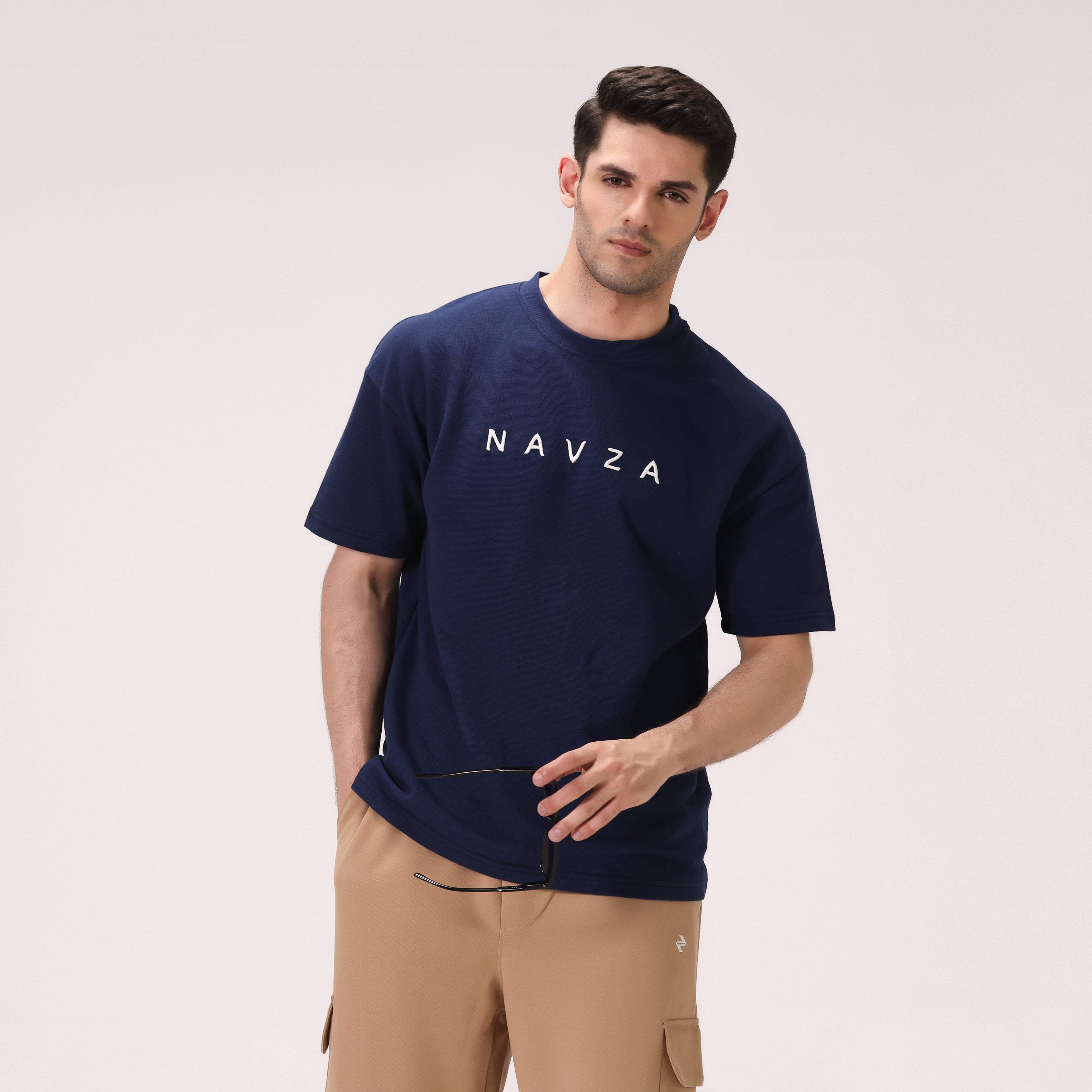 RELAXED WAFFLE KNIT T-SHIRT – NAVY