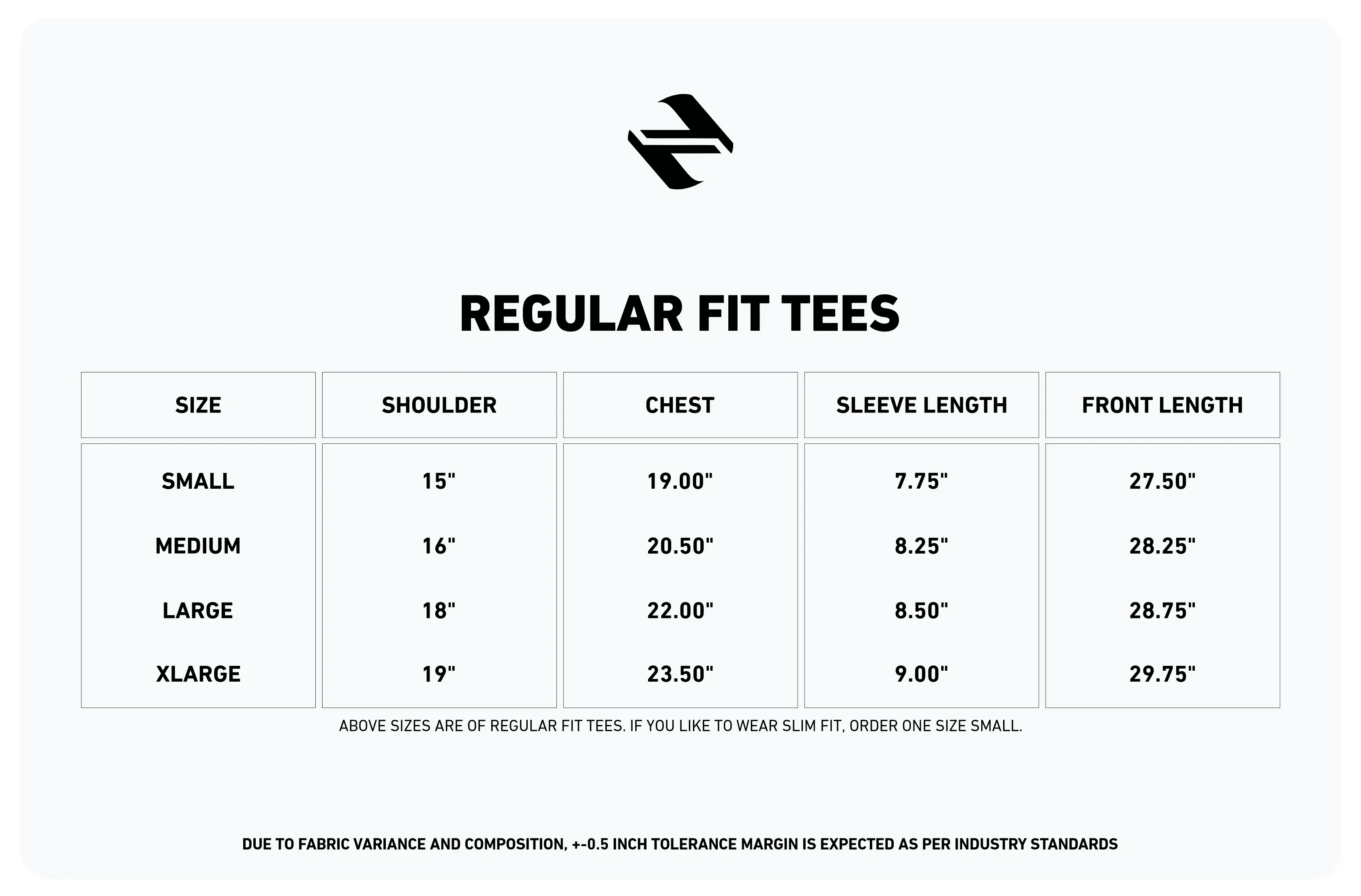 REGULAR T-SHIRT SIZE CHART