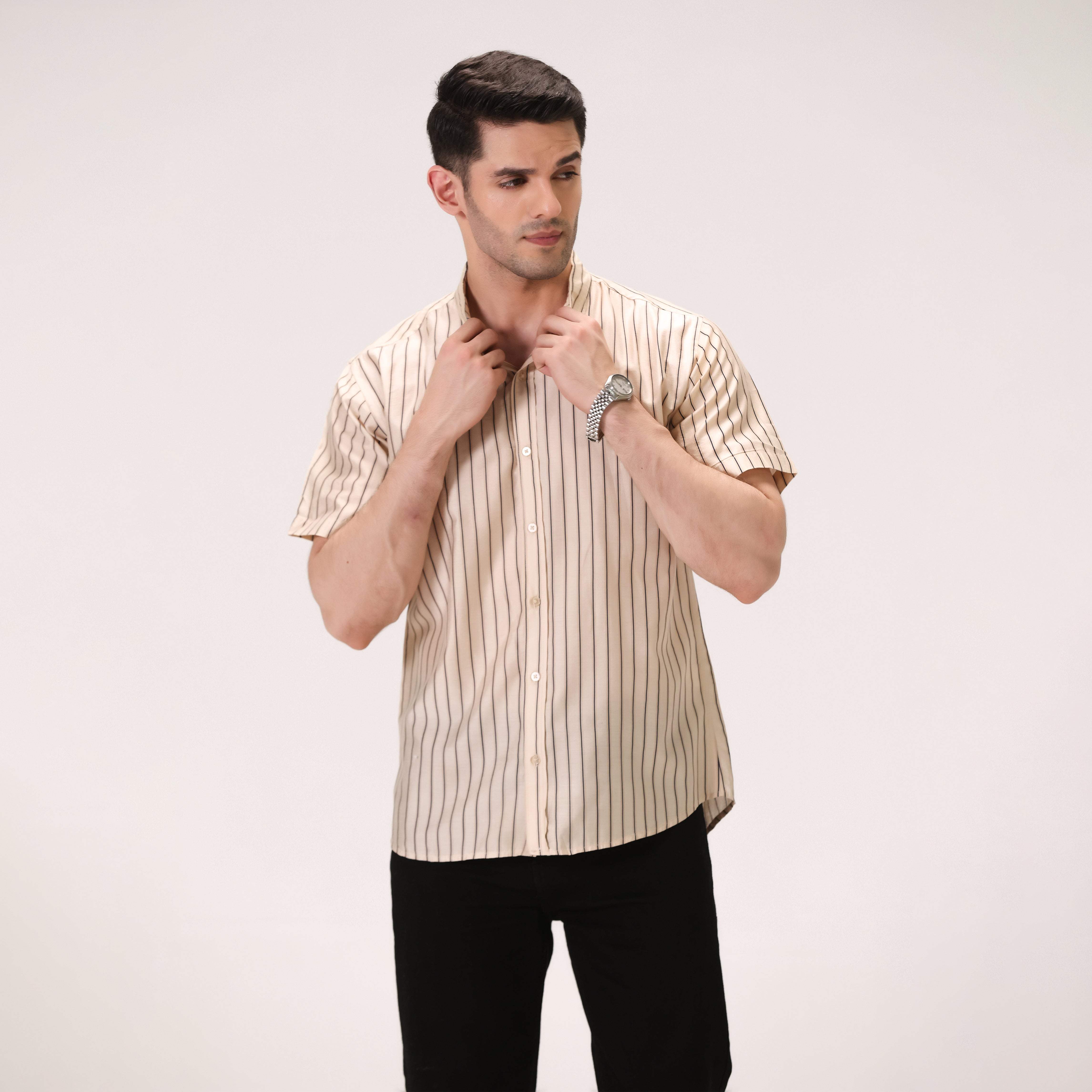 SOFT STRIPED BUTTON DOWN SHIRT – BEIGE