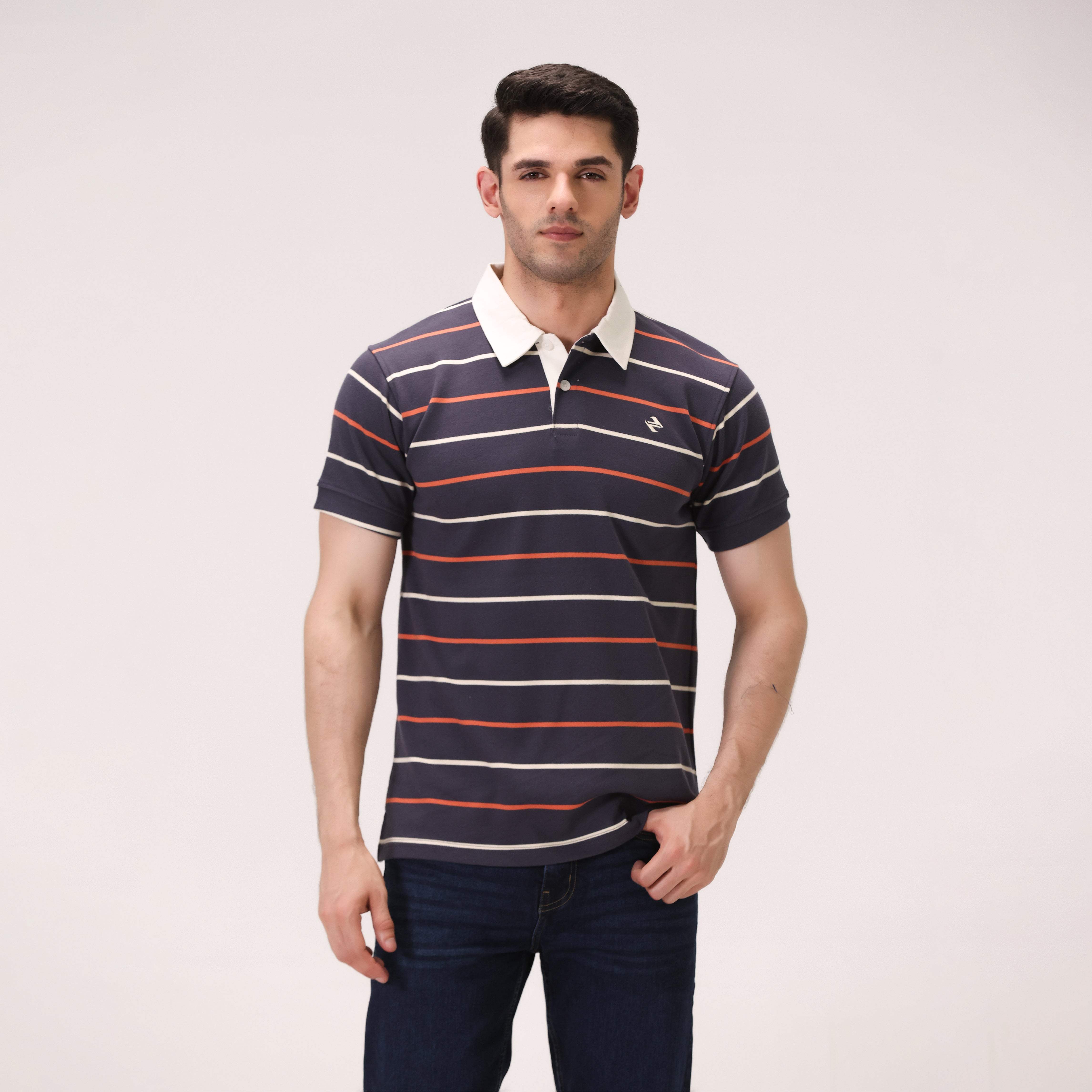 STRIPED INTERLOCK POLO – NAVY