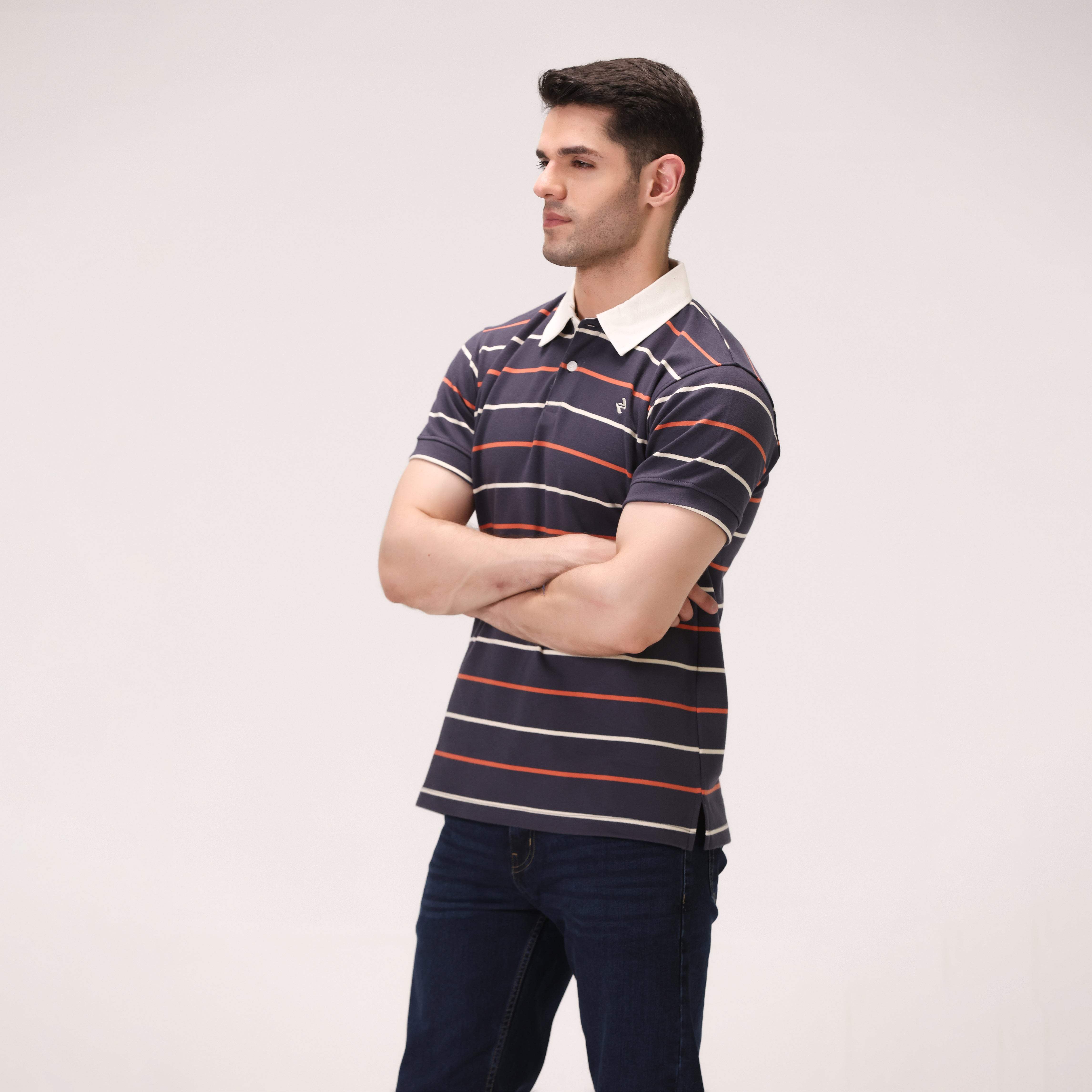 STRIPED INTERLOCK POLO – NAVY