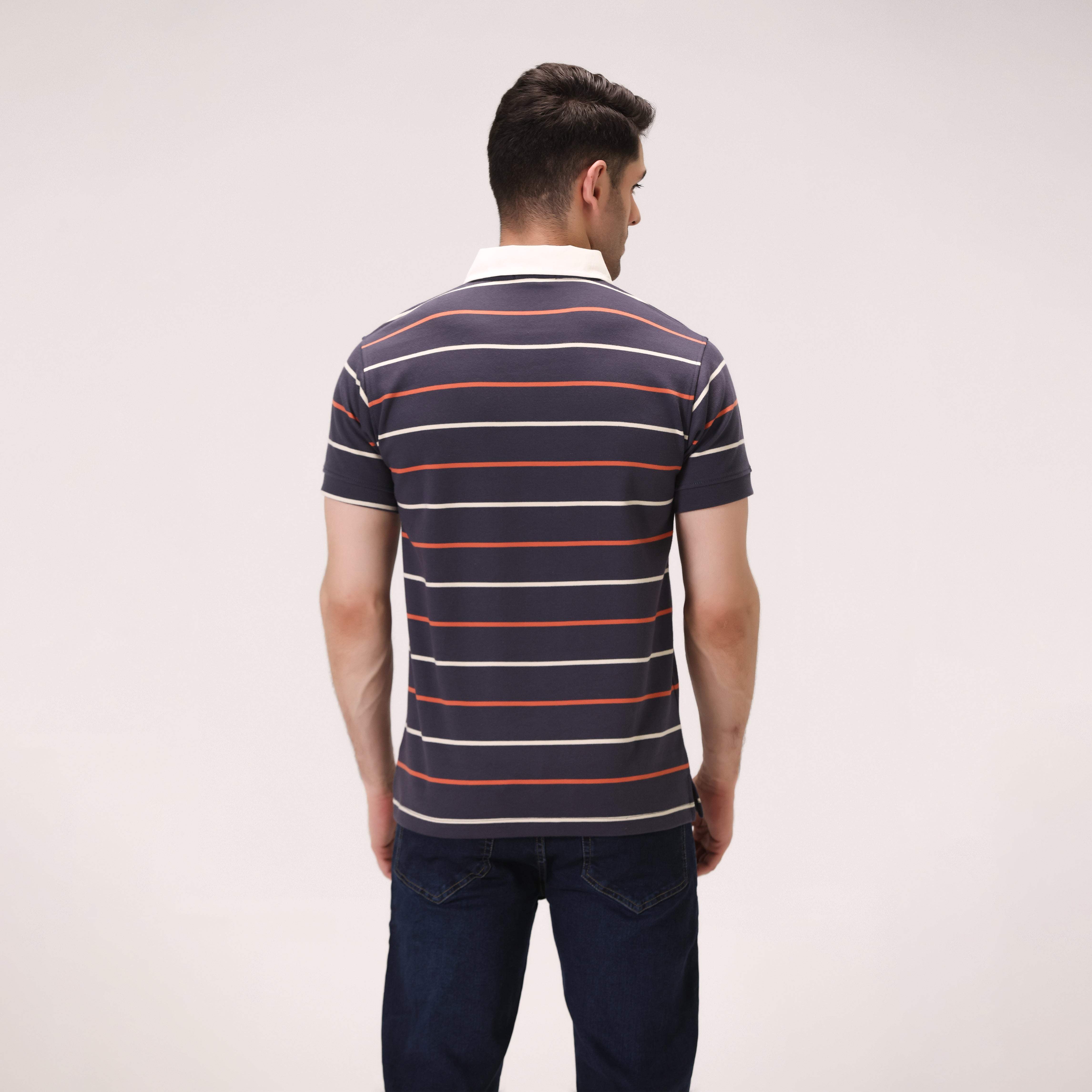 STRIPED INTERLOCK POLO – NAVY