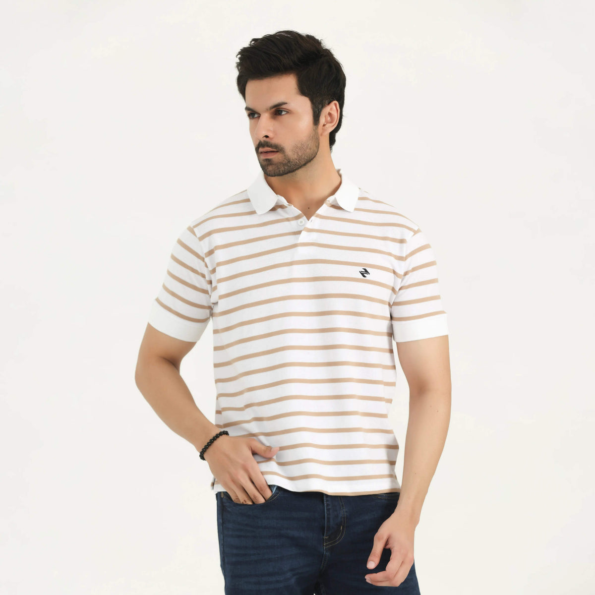 STRIPED POLO SHIRT WHITE AND TAN NAVZA