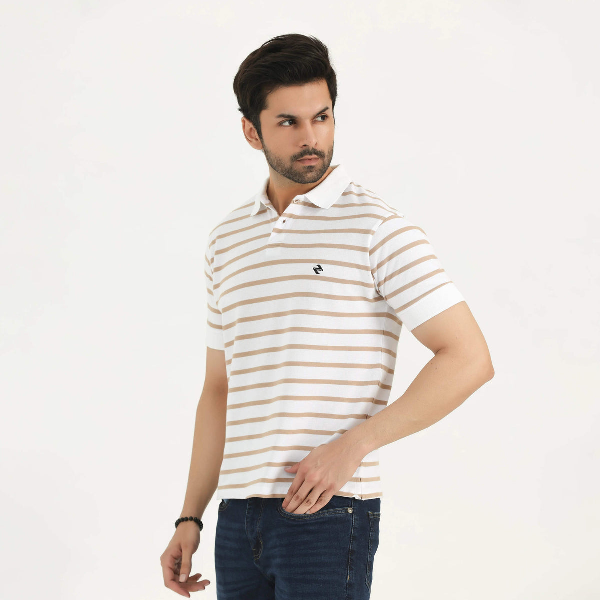 STRIPED POLO SHIRT WHITE AND TAN NAVZA