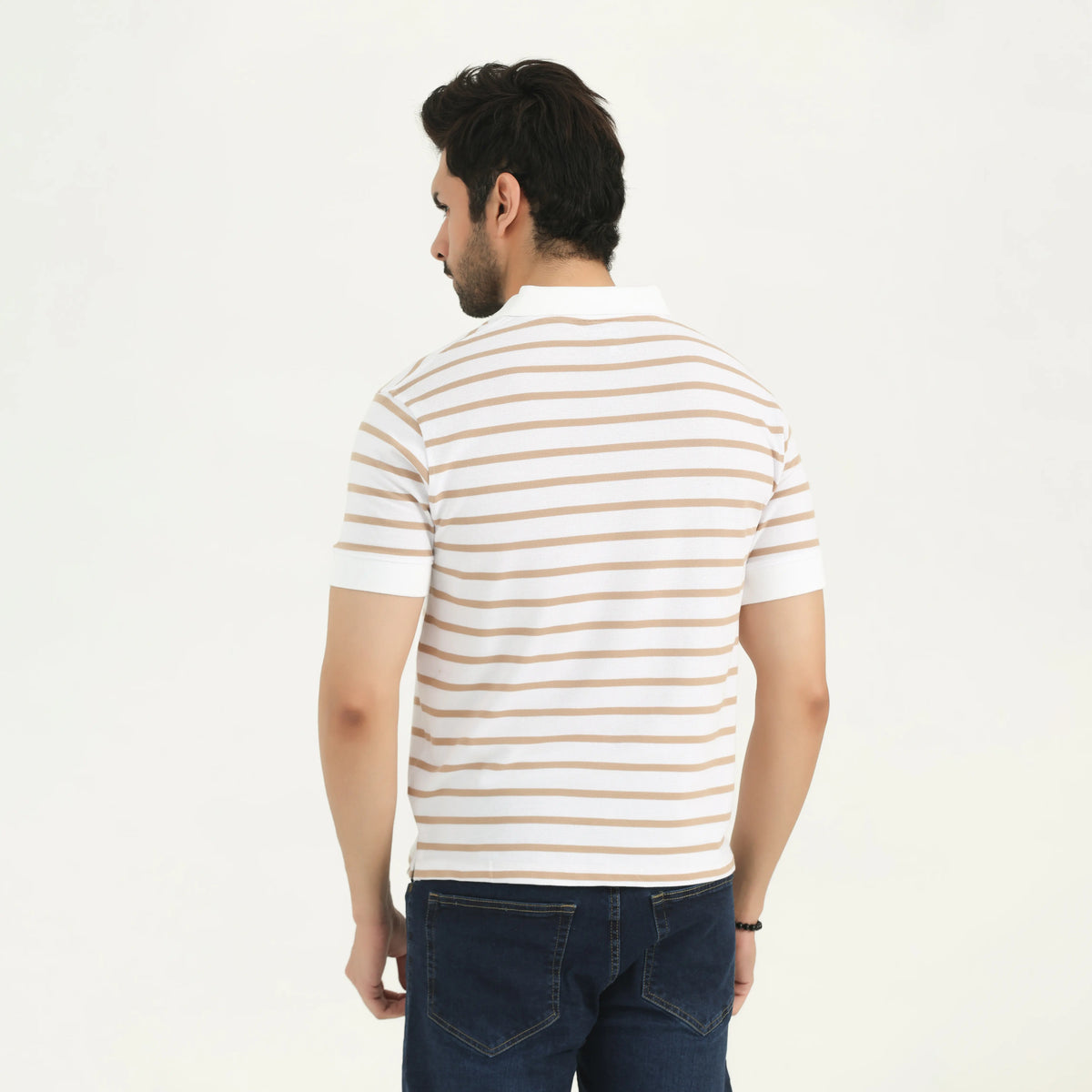 STRIPED PIQUÉ POLO SHIRT - WHITE AND TAN