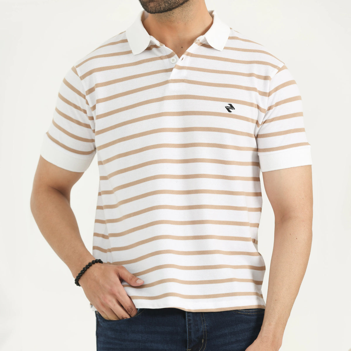 STRIPED PIQUÉ POLO SHIRT - WHITE AND TAN