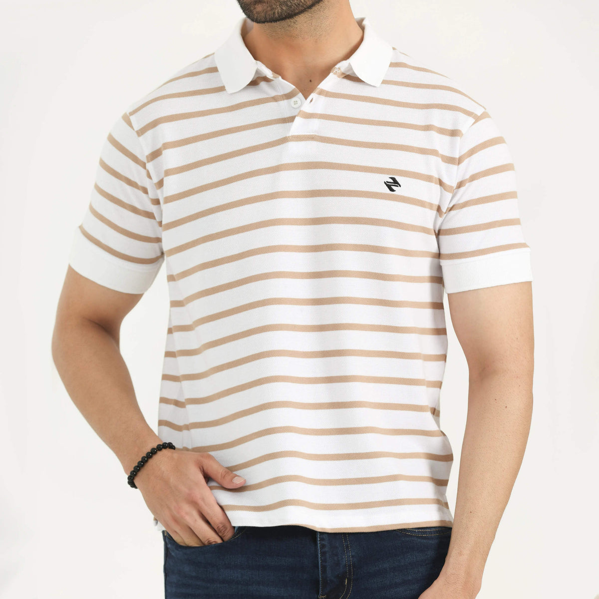 STRIPED POLO SHIRT WHITE AND TAN NAVZA