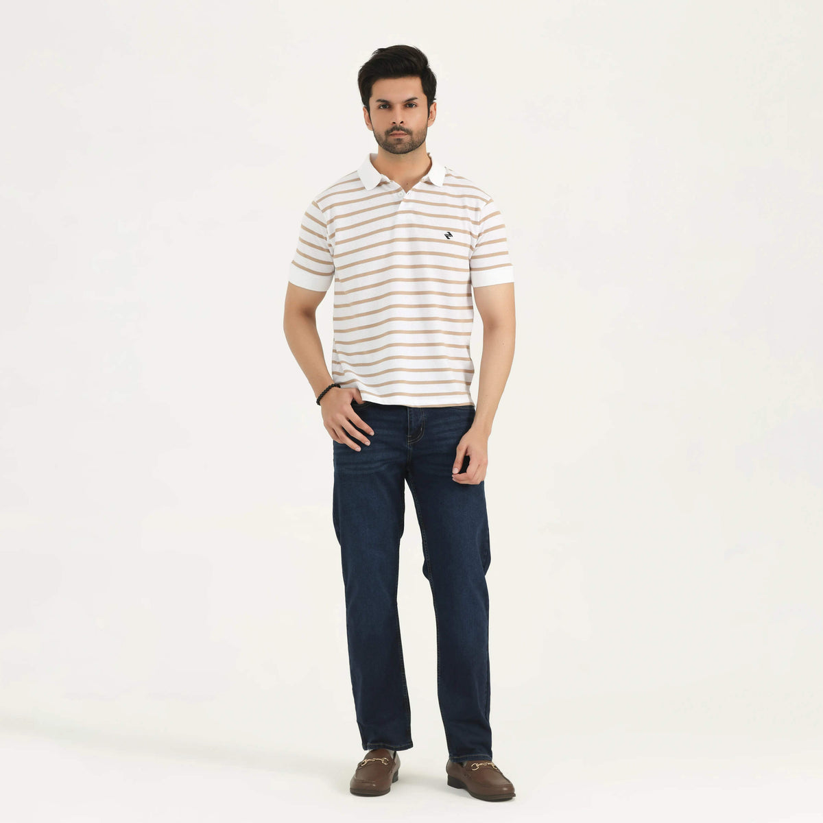 STRIPED POLO SHIRT WHITE AND TAN NAVZA