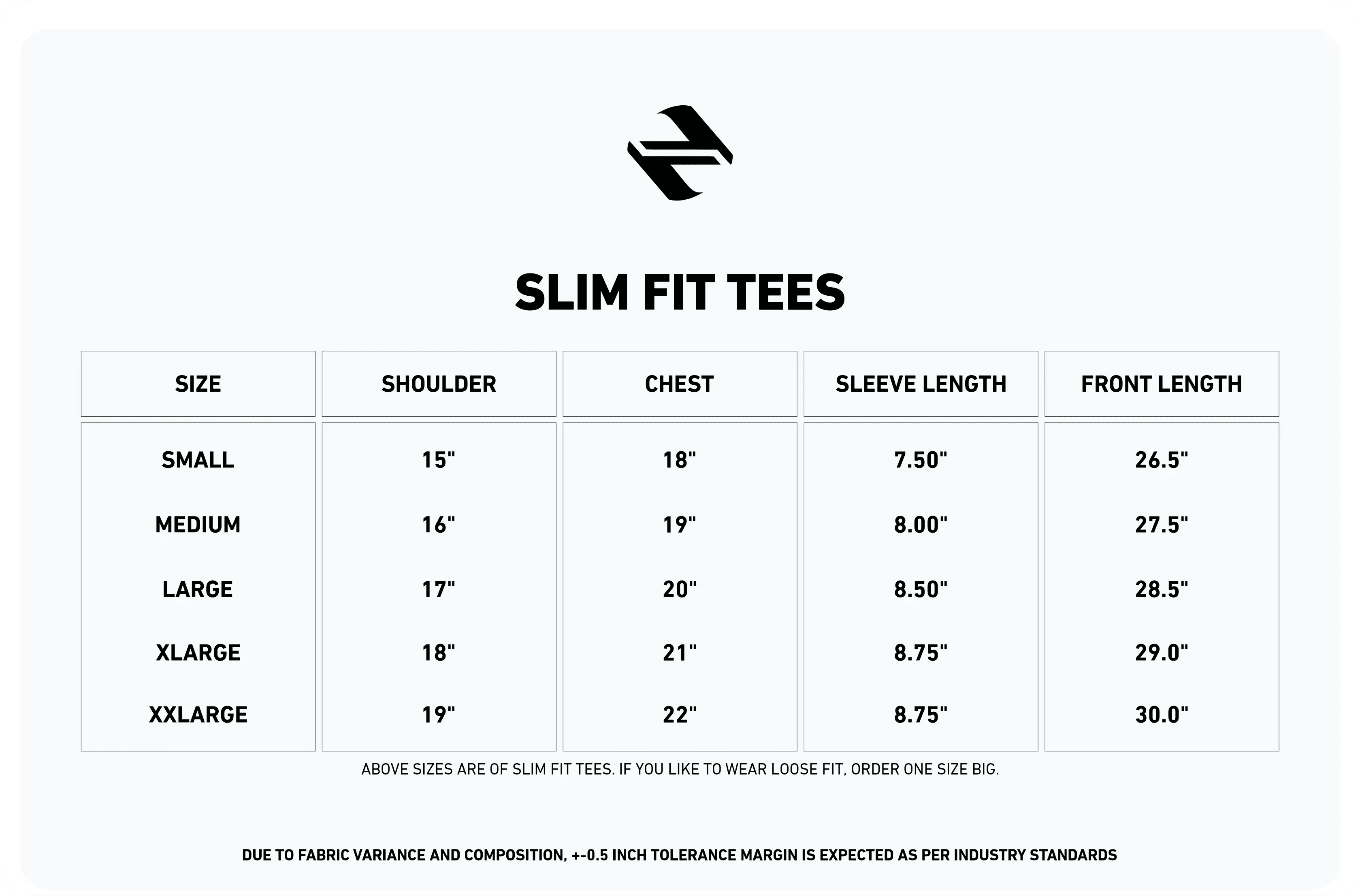 SLIM FIT TEE SIZE CHART