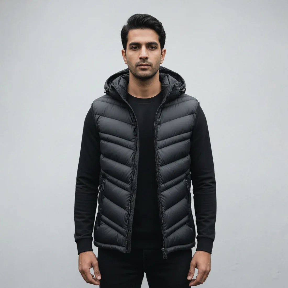 STRIPED PUFFER JACKET DETACHABLE SLEEVES - BLACK - NAVZA