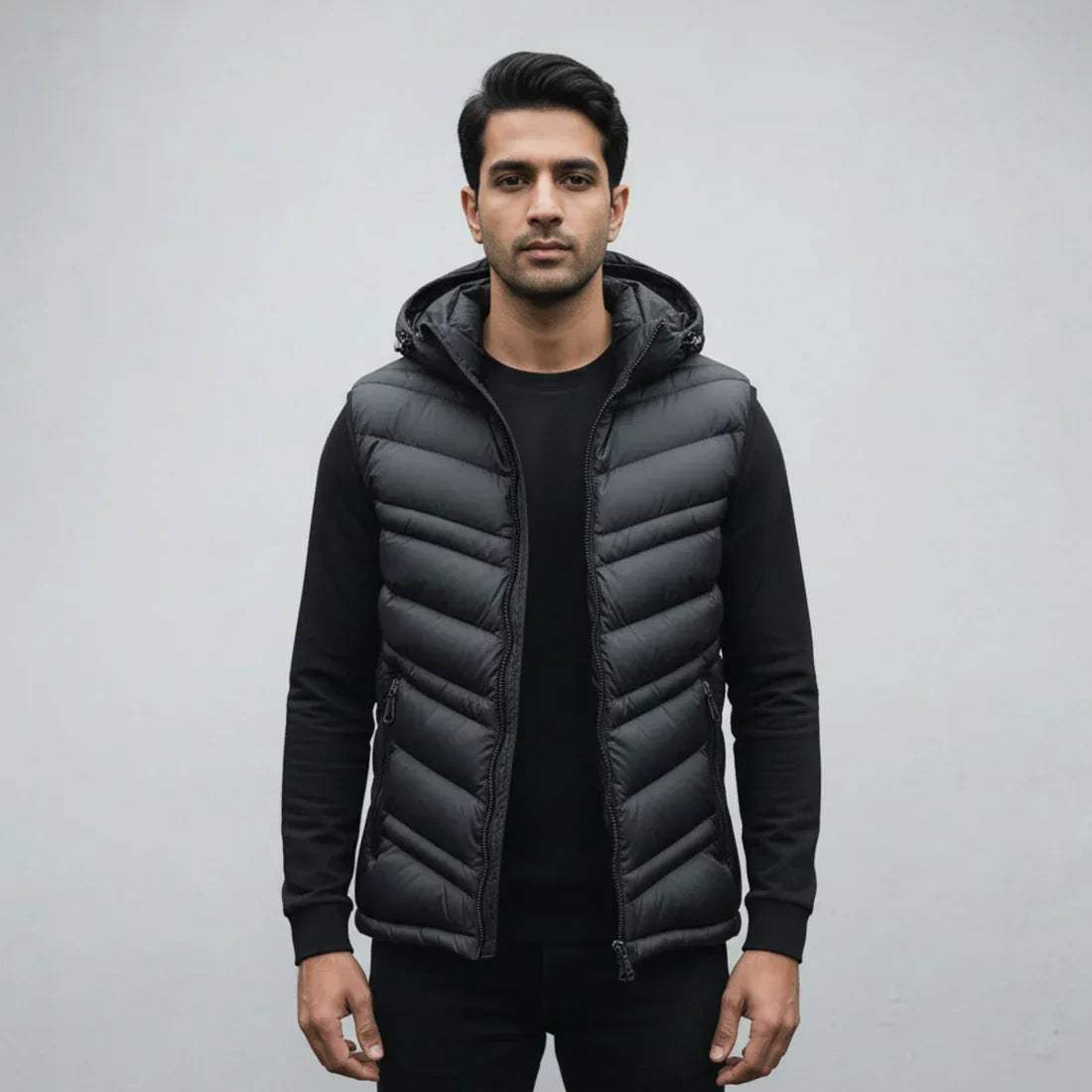 STRIPED PUFFER JACKET DETACHABLE SLEEVES - BLACK - NAVZA