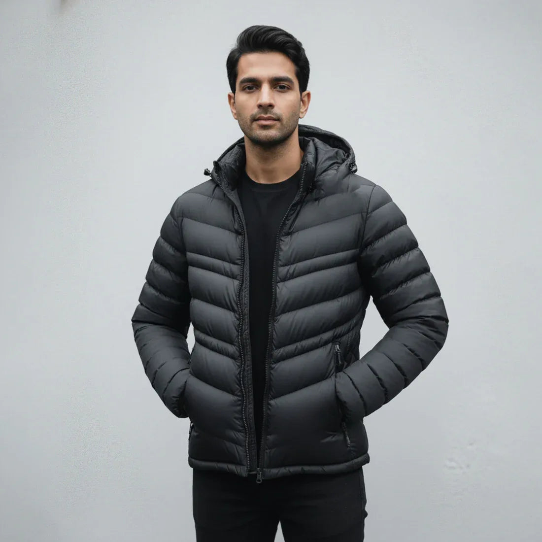 STRIPED PUFFER JACKET DETACHABLE SLEEVES - BLACK - NAVZA