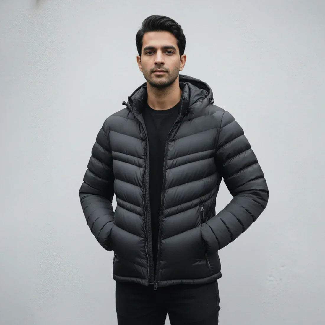 STRIPED PUFFER JACKET DETACHABLE SLEEVES - BLACK - NAVZA