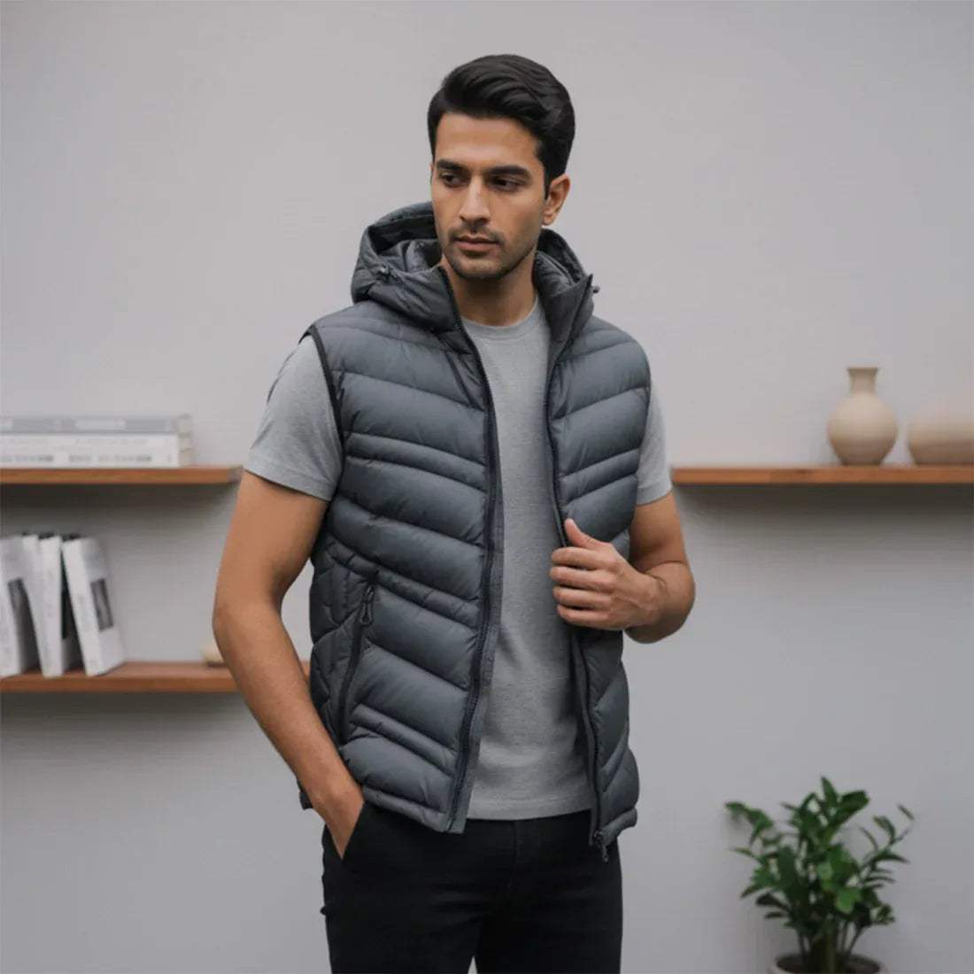 STRIPED PUFFER JACKET DETACHABLE SLEEVES - GREY - NAVZA
