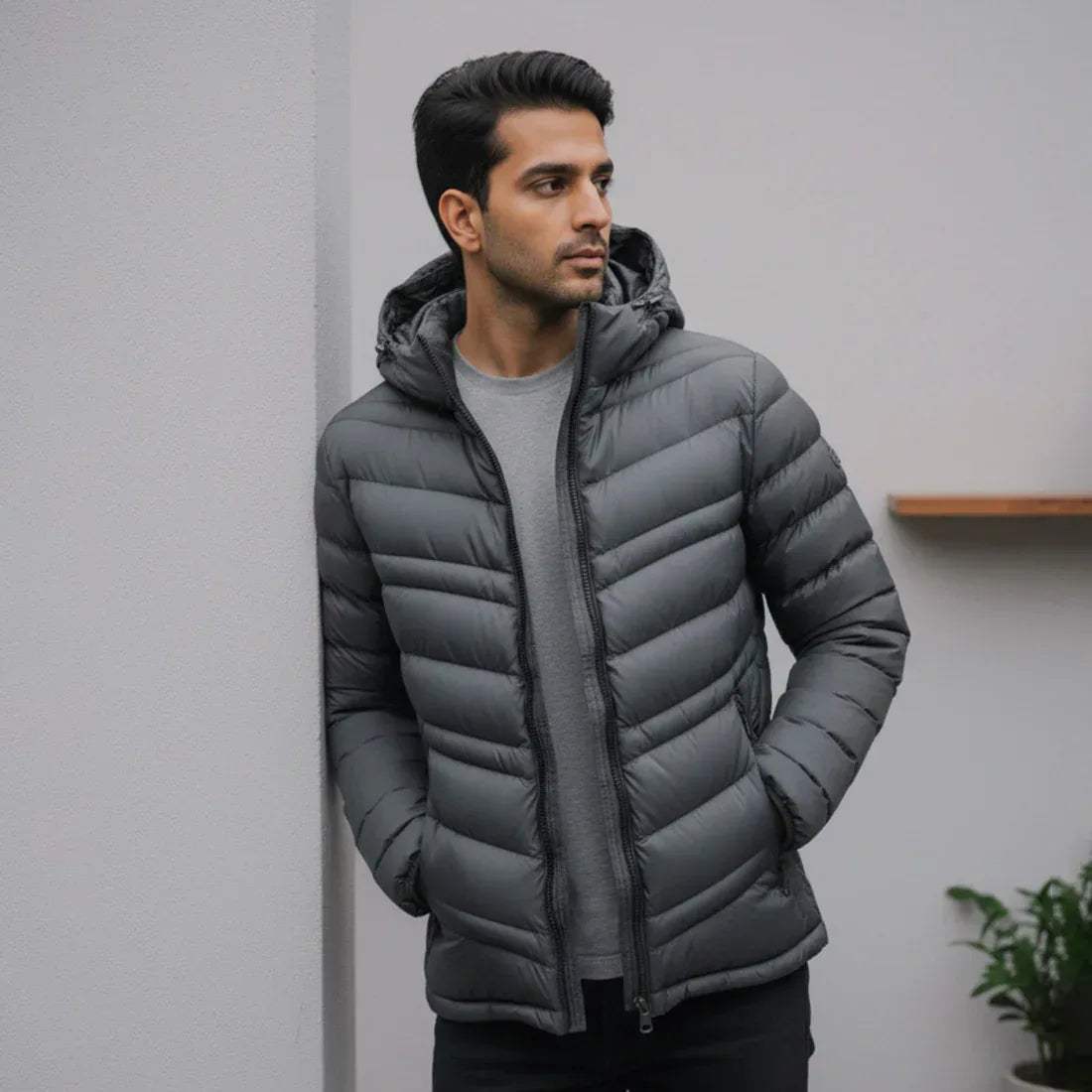 STRIPED PUFFER JACKET DETACHABLE SLEEVES - GREY - NAVZA
