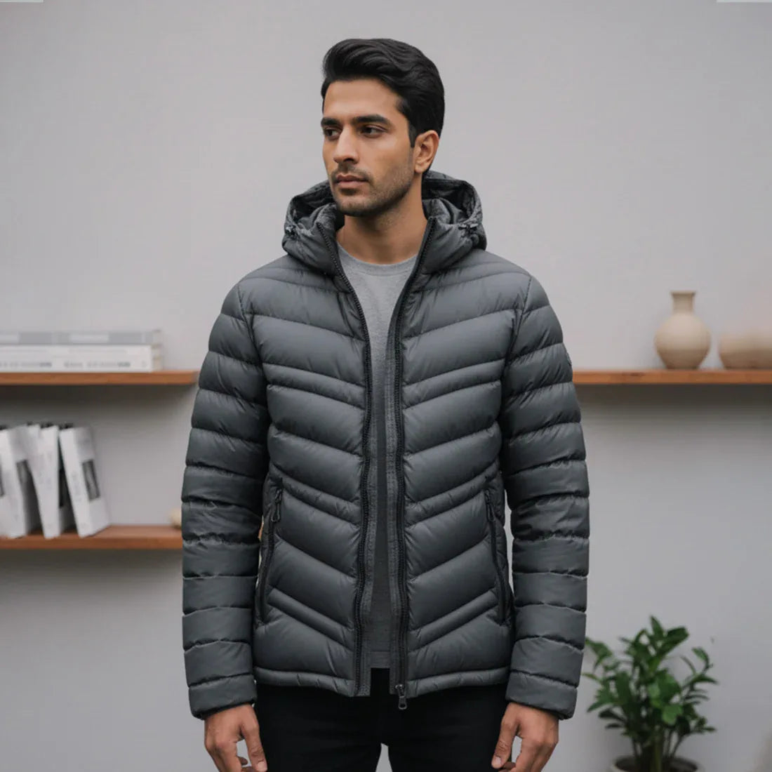 STRIPED PUFFER JACKET DETACHABLE SLEEVES - GREY - NAVZA