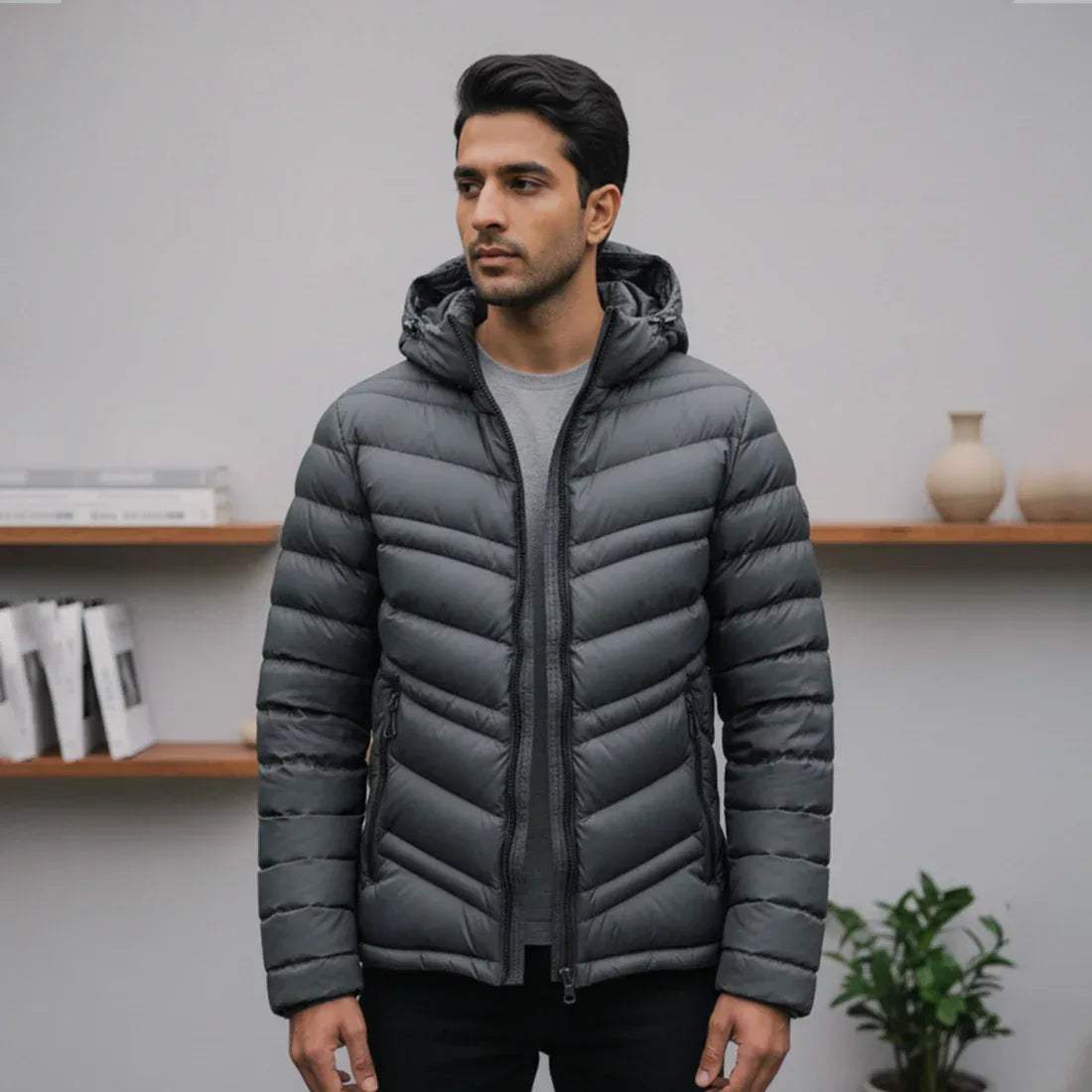 STRIPED PUFFER JACKET DETACHABLE SLEEVES - GREY - NAVZA
