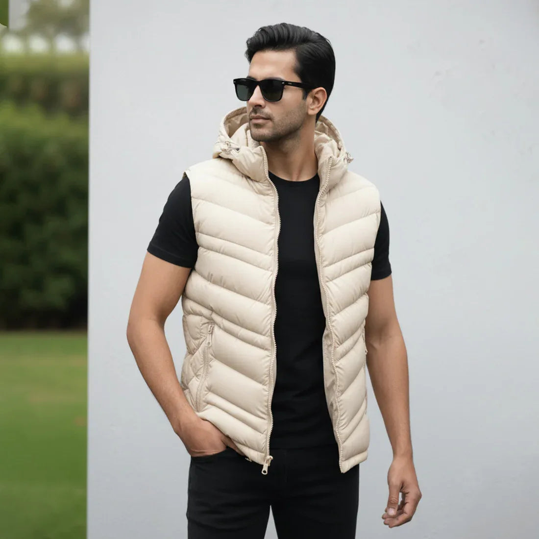 STRIPED PUFFER JACKET DETACHABLE SLEEVES - OFF-WHITE - NAVZA