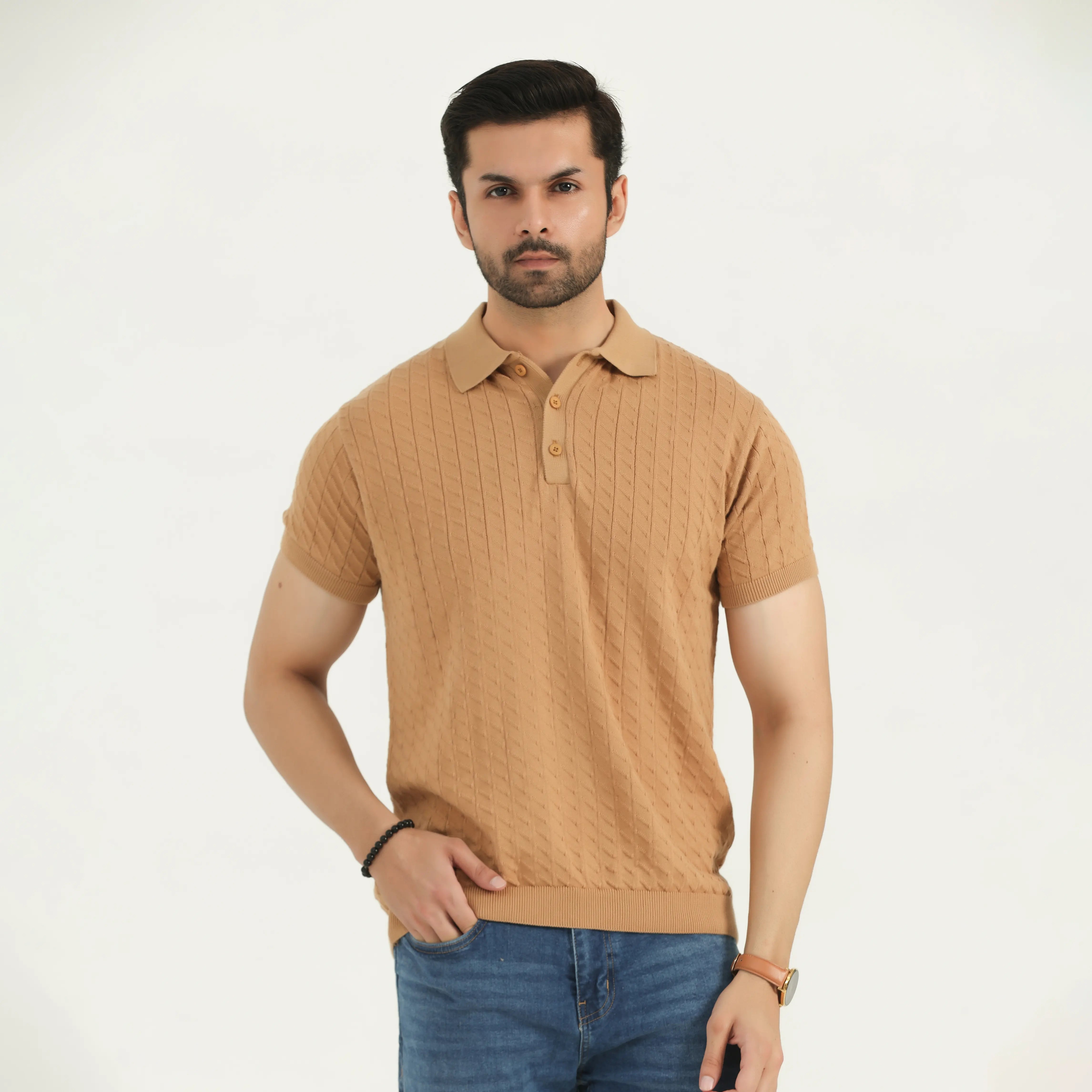 TEXTURED KNIT POLO SHIRT - CAMEL
