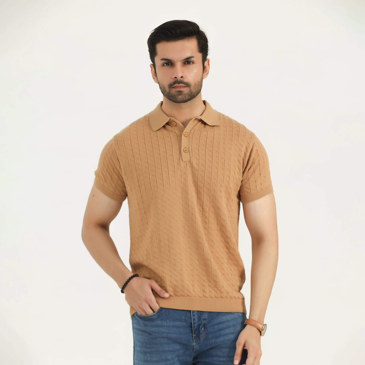 TEXTURED KNIT POLO SHIRT CAMEL NAVZA