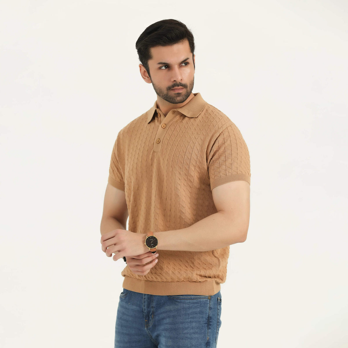 TEXTURED KNIT POLO SHIRT CAMEL NAVZA