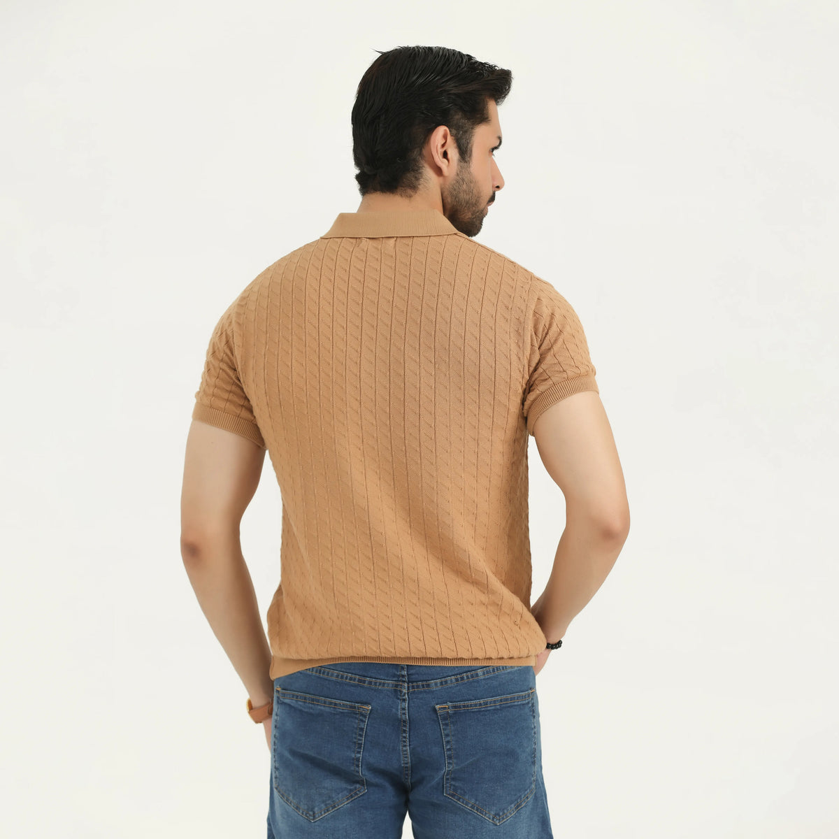 TEXTURED KNIT POLO SHIRT - CAMEL