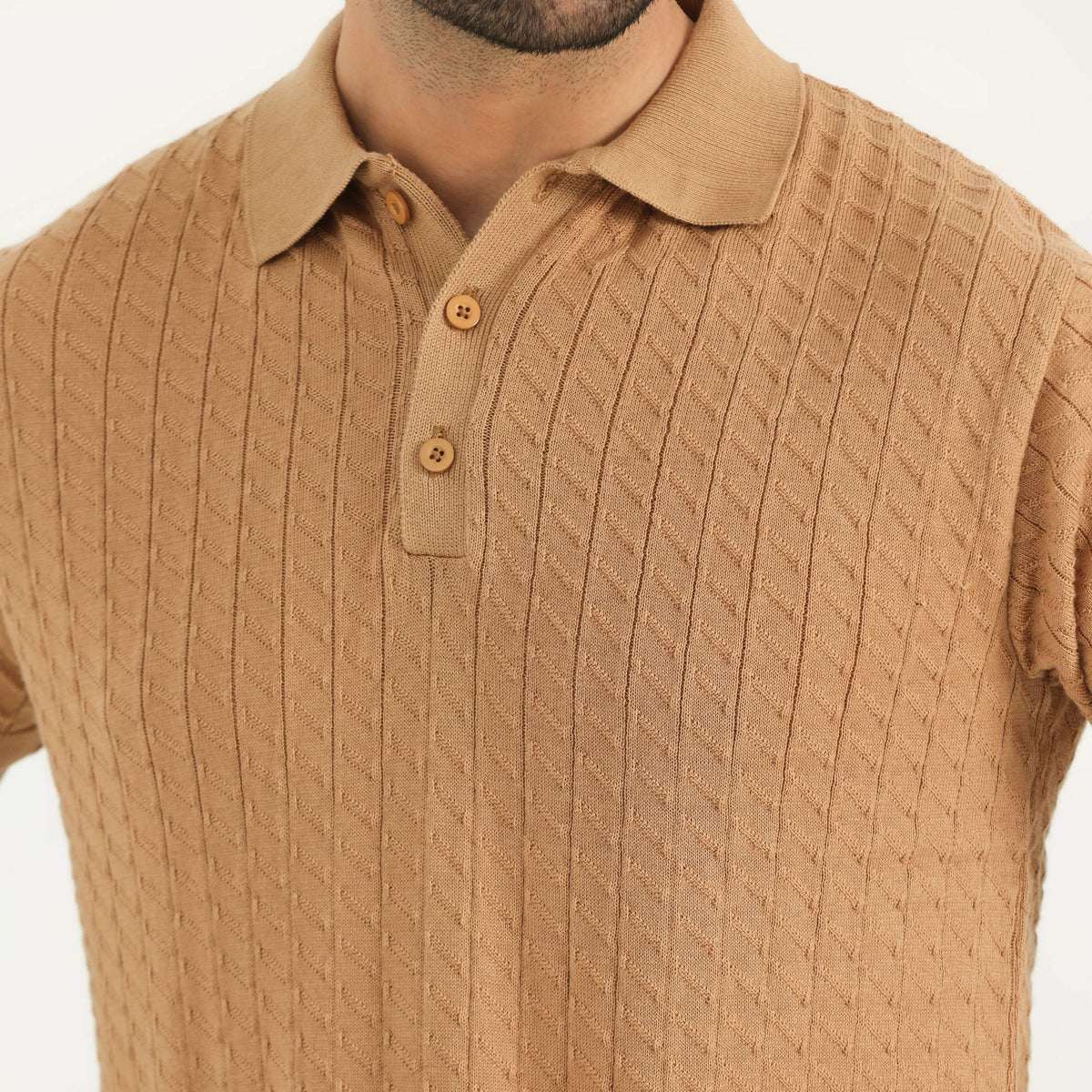 TEXTURED KNIT POLO SHIRT CAMEL NAVZA