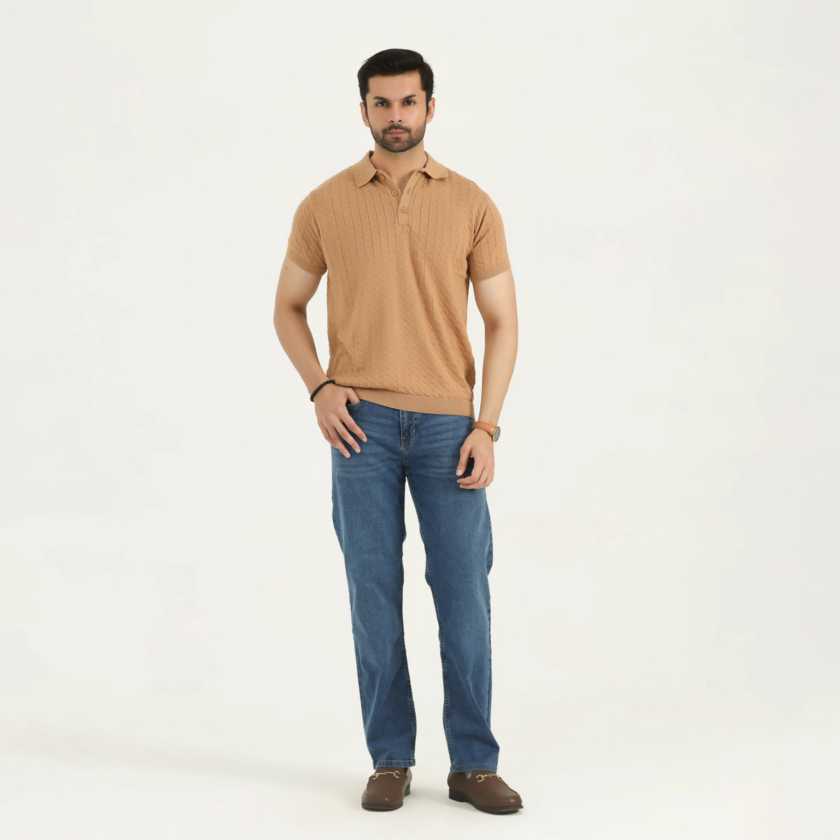 TEXTURED KNIT POLO SHIRT - CAMEL