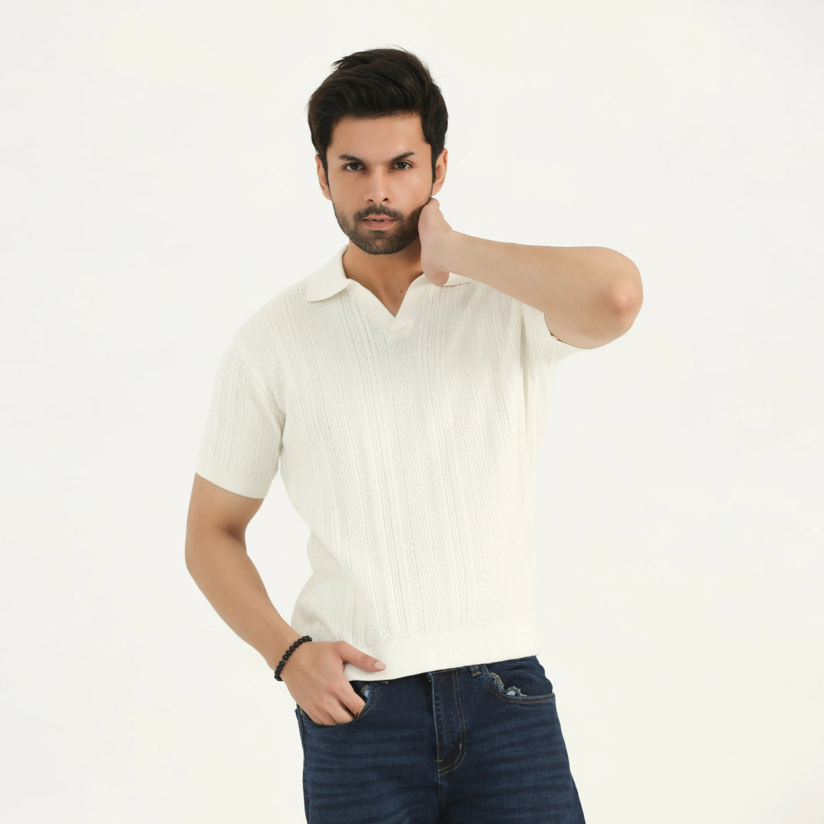 TEXTURED KNITTED POLO SHIRT - OFF-WHITE