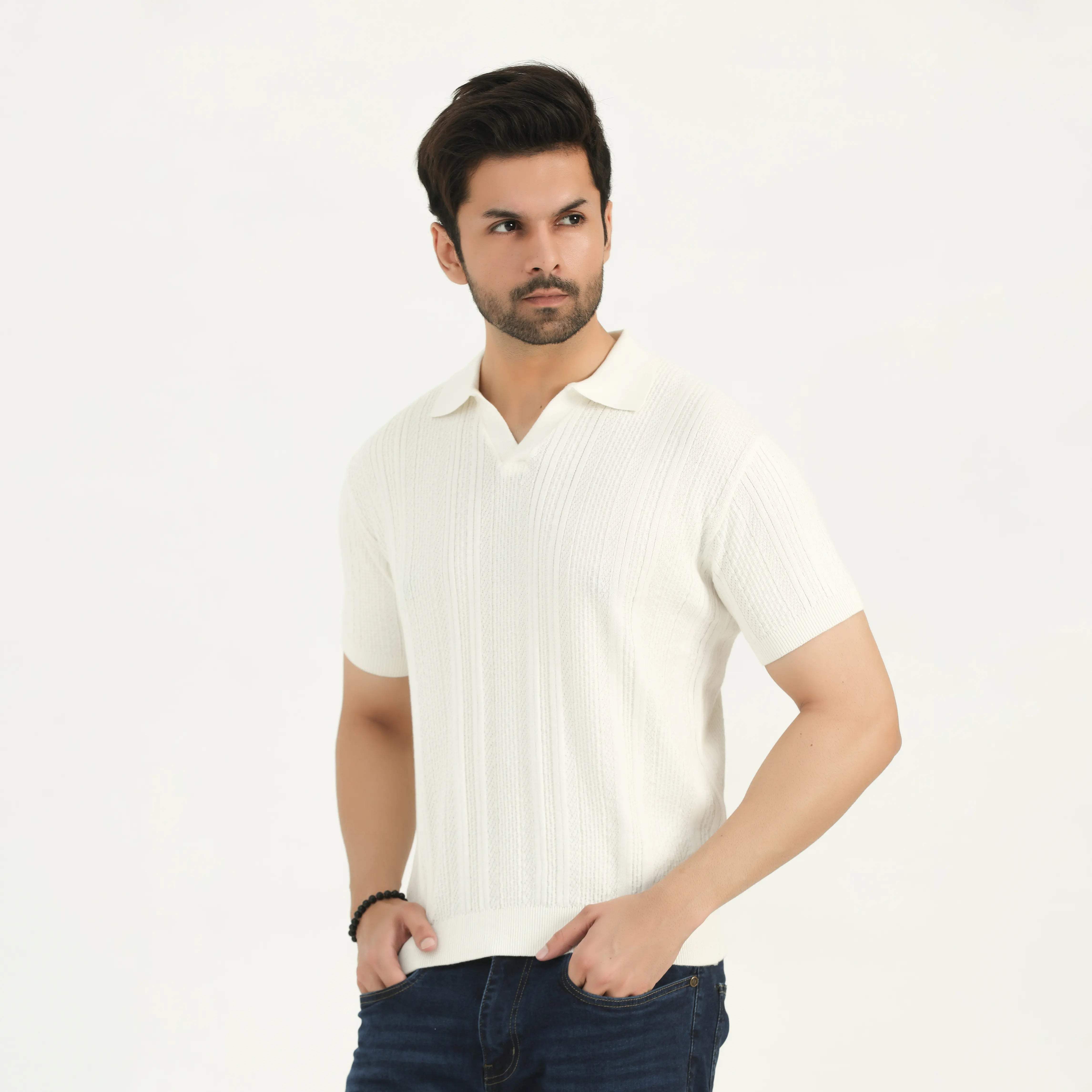 TEXTURED KNITTED POLO SHIRT - OFF-WHITE